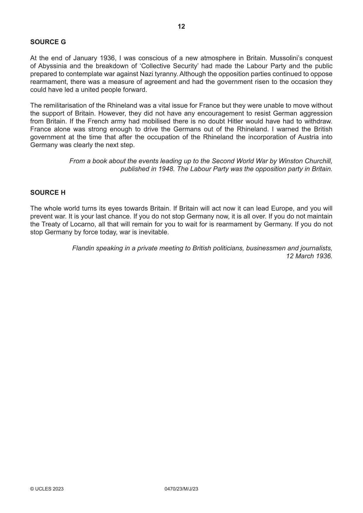Cambridge IGCSE History 0470 2023 May/June Paper 2 · Variant 3 question paper, page 12 of 16