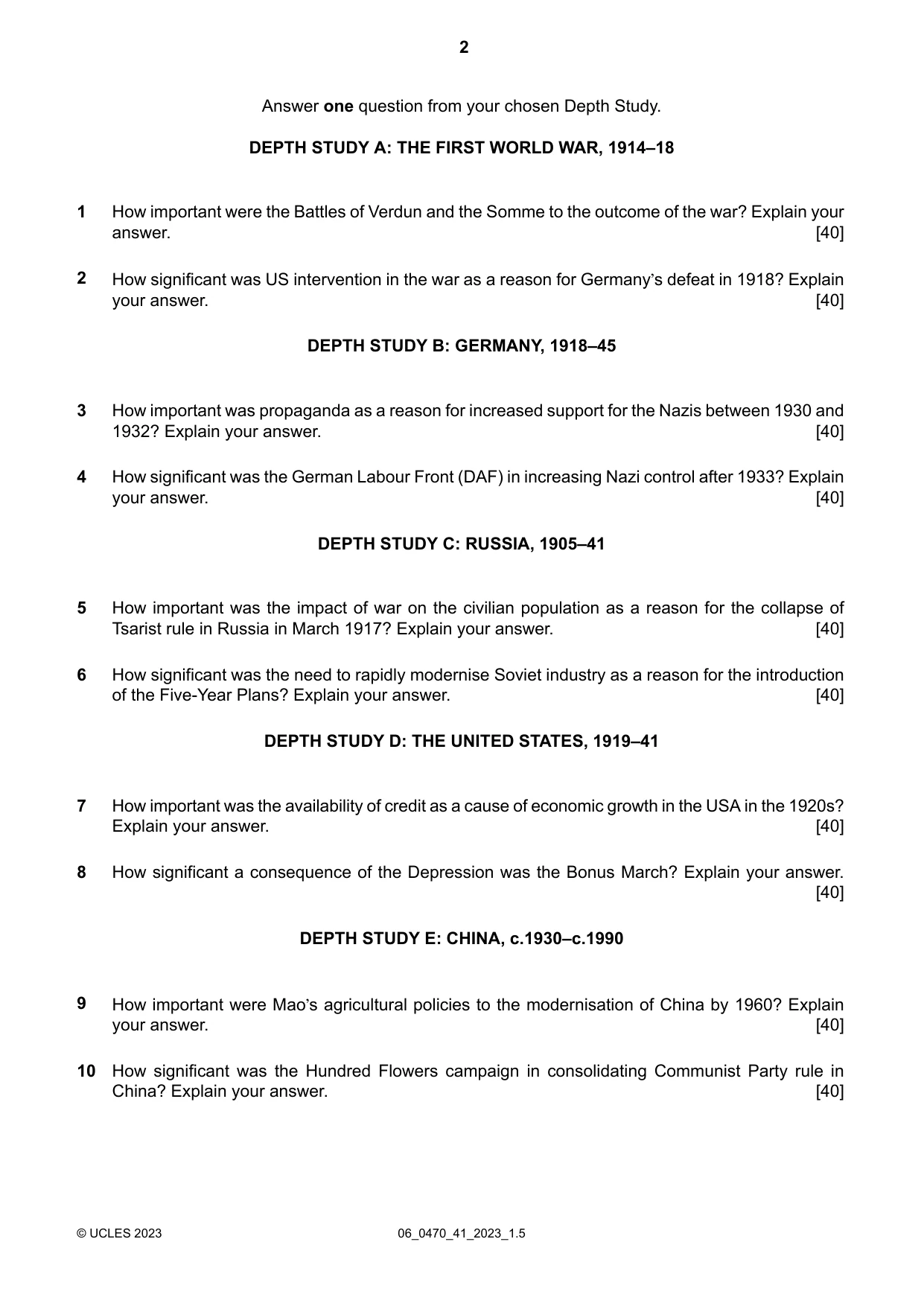 Cambridge IGCSE History 0470 2023 May/June Paper 4 · Variant 1 question paper, page 2 of 4