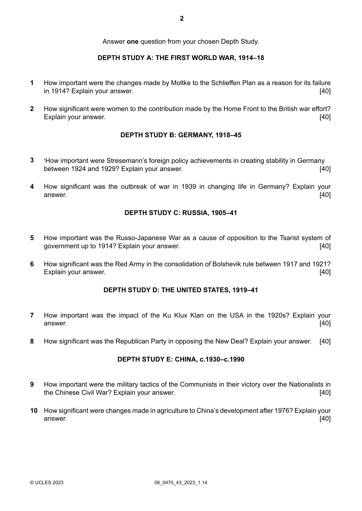 Cambridge IGCSE History 0470 2023 May/June Paper 4 · Variant 3 question paper, page 2 of 4