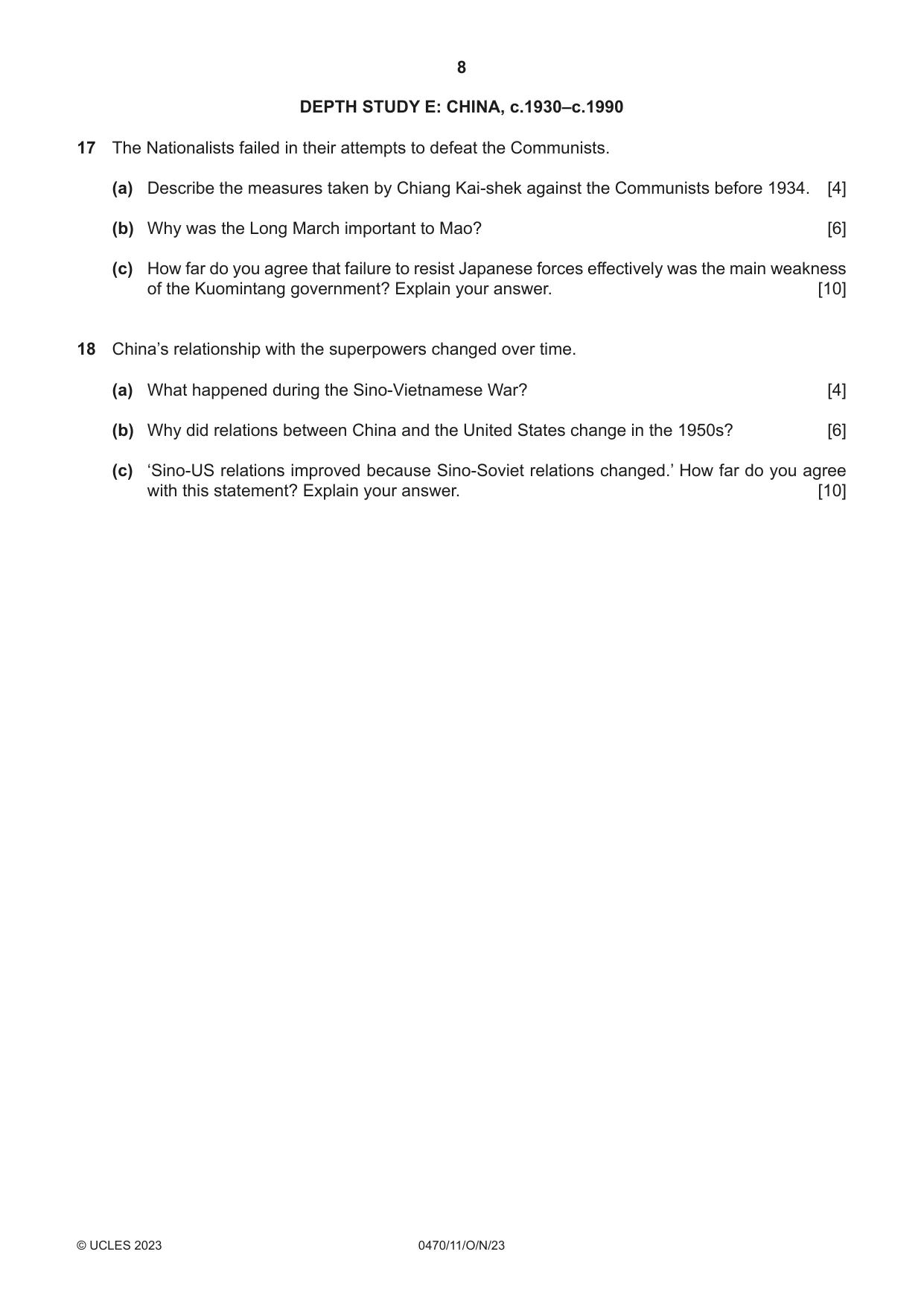 Cambridge IGCSE History 0470 2023 Oct/Nov Paper 1 · Variant 1 question paper, page 8 of 12