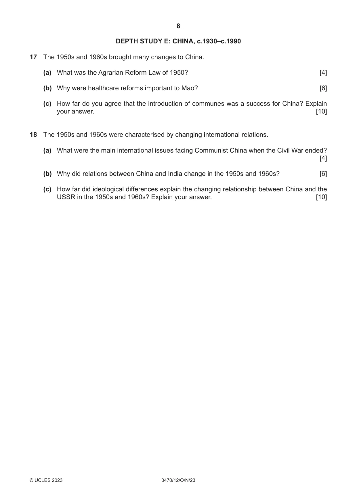 Cambridge IGCSE History 0470 2023 Oct/Nov Paper 1 · Variant 2 question paper, page 8 of 12