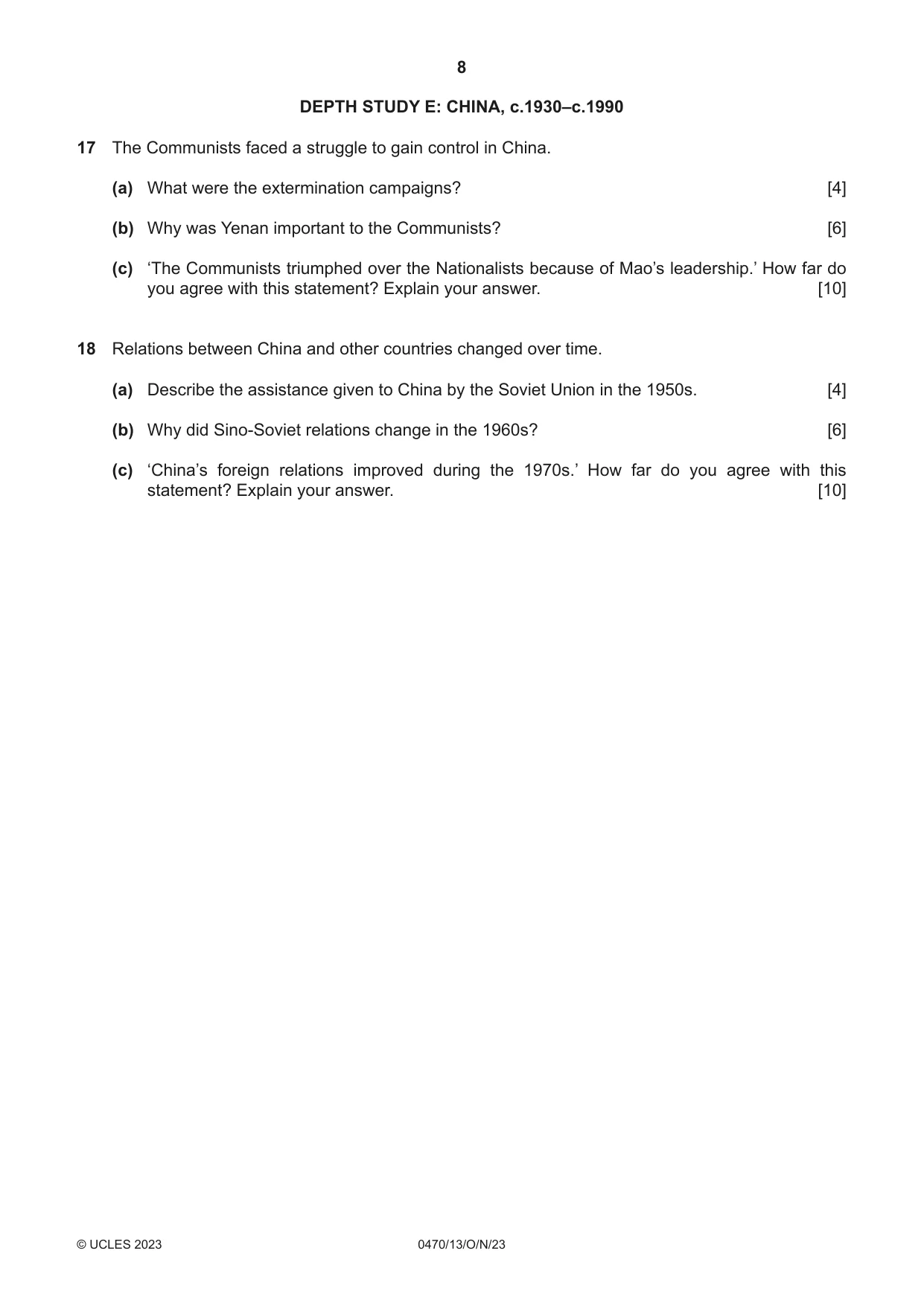 Cambridge IGCSE History 0470 2023 Oct/Nov Paper 1 · Variant 3 question paper, page 8 of 12