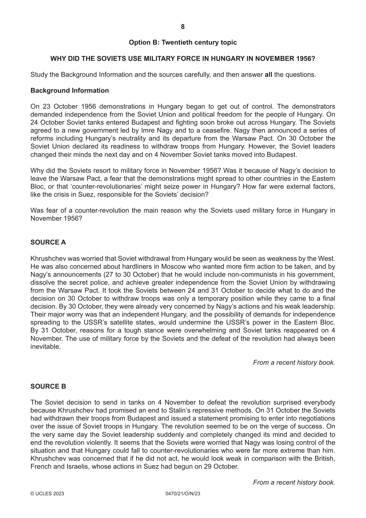 Cambridge IGCSE History 0470 2023 Oct/Nov Paper 2 · Variant 1 question paper, page 8 of 12