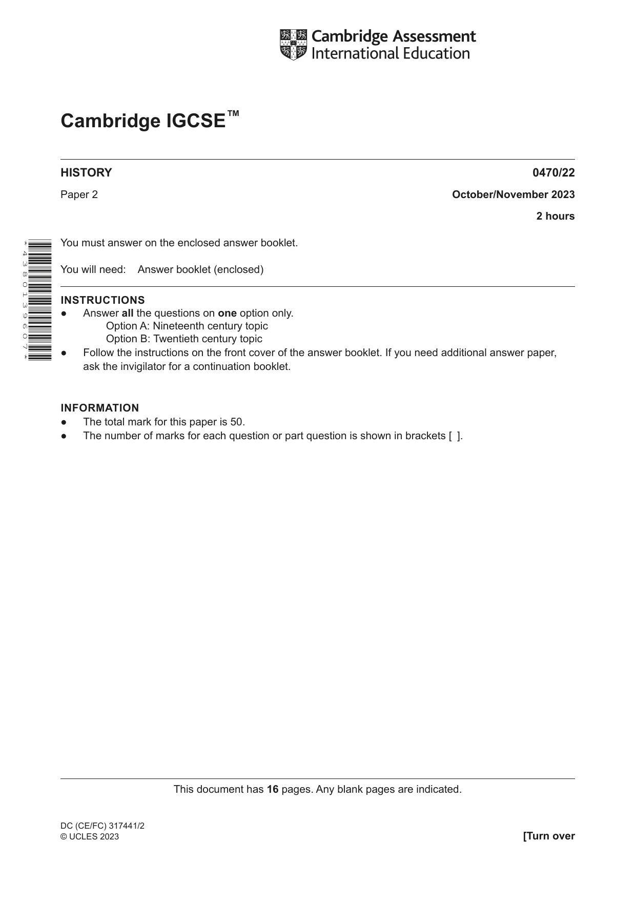 Cambridge IGCSE History 0470 2023 Oct/Nov Paper 2 · Variant 2 question paper, page 1 of 16