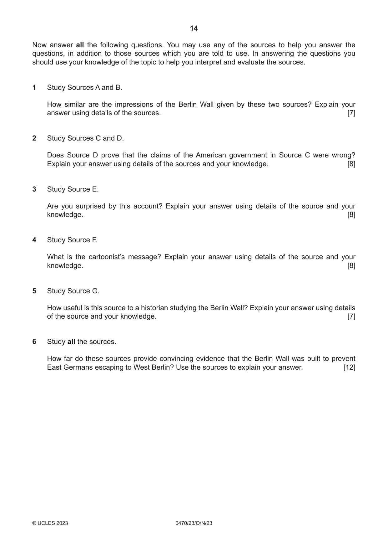 Cambridge IGCSE History 0470 2023 Oct/Nov Paper 2 · Variant 3 question paper, page 14 of 16