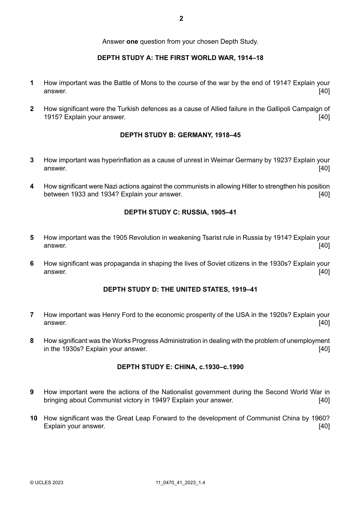 Cambridge IGCSE History 0470 2023 Oct/Nov Paper 4 · Variant 1 question paper, page 2 of 4