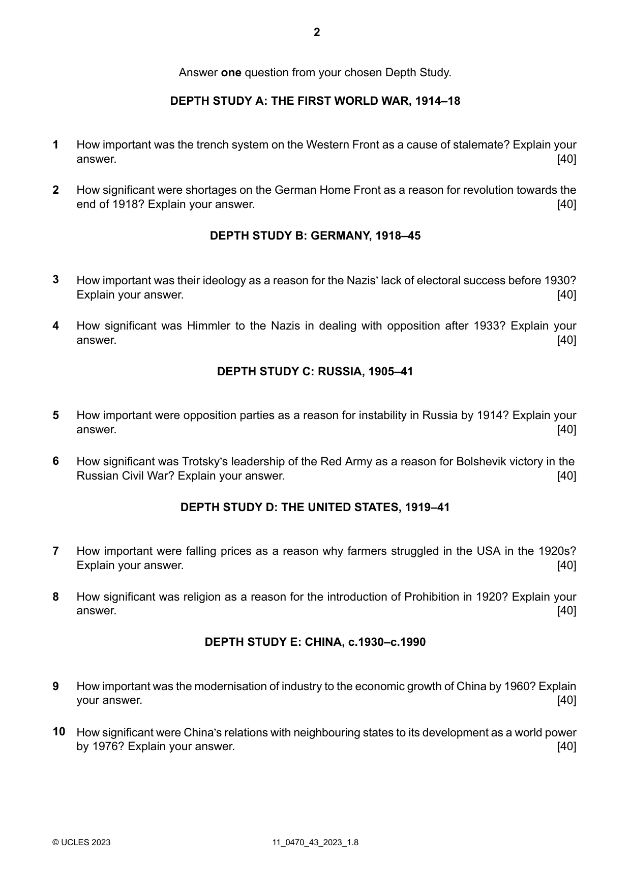 Cambridge IGCSE History 0470 2023 Oct/Nov Paper 4 · Variant 3 question paper, page 2 of 4