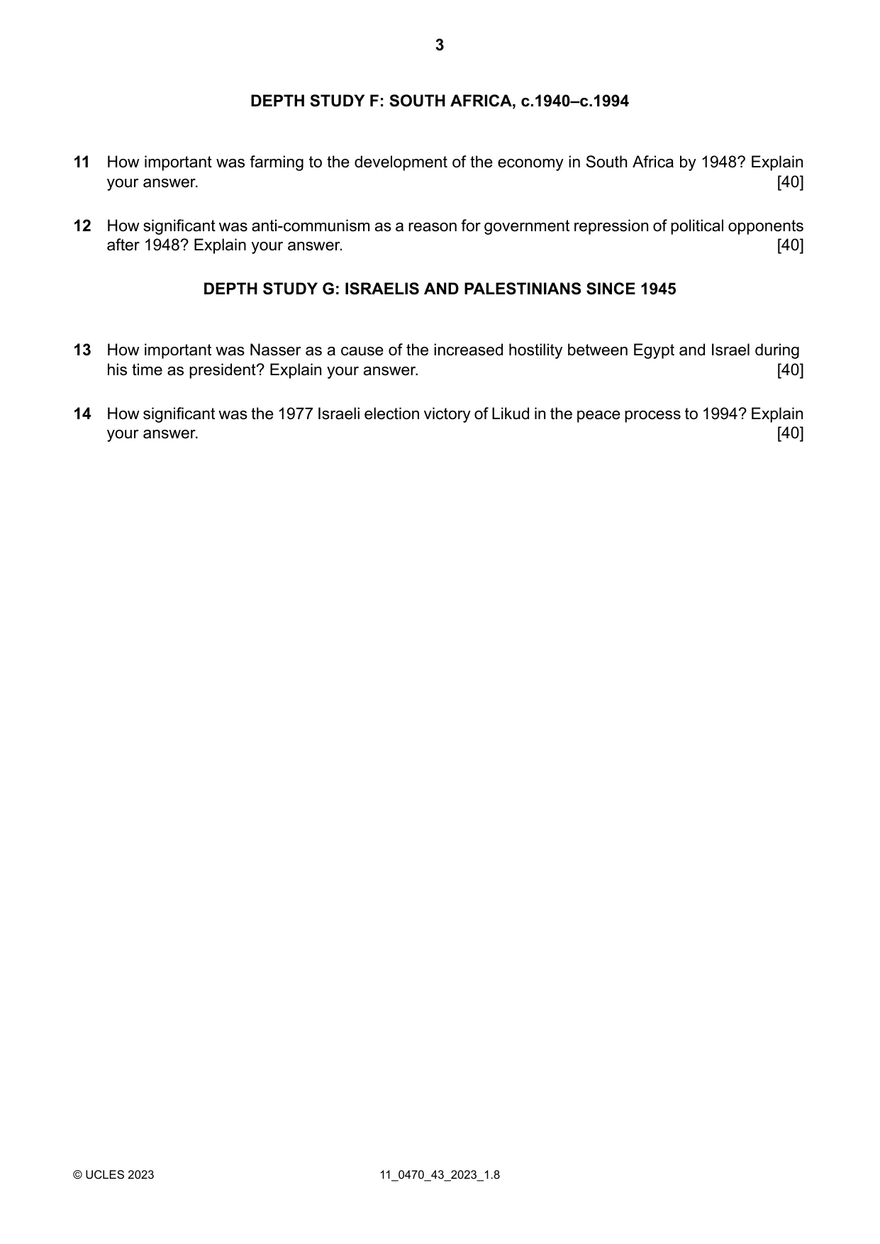 Cambridge IGCSE History 0470 2023 Oct/Nov Paper 4 · Variant 3 question paper, page 3 of 4