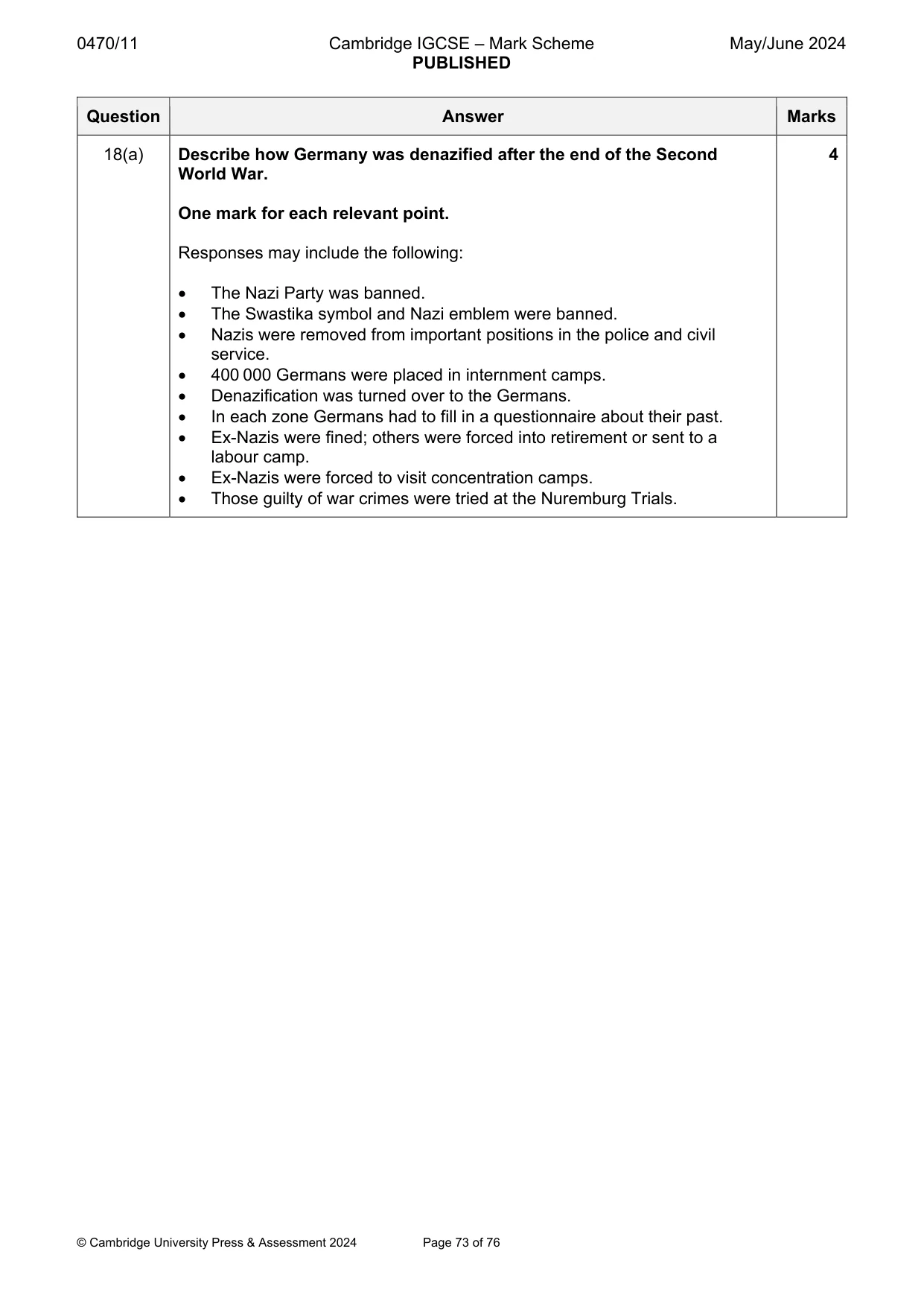 Mark scheme, page 73 of 76