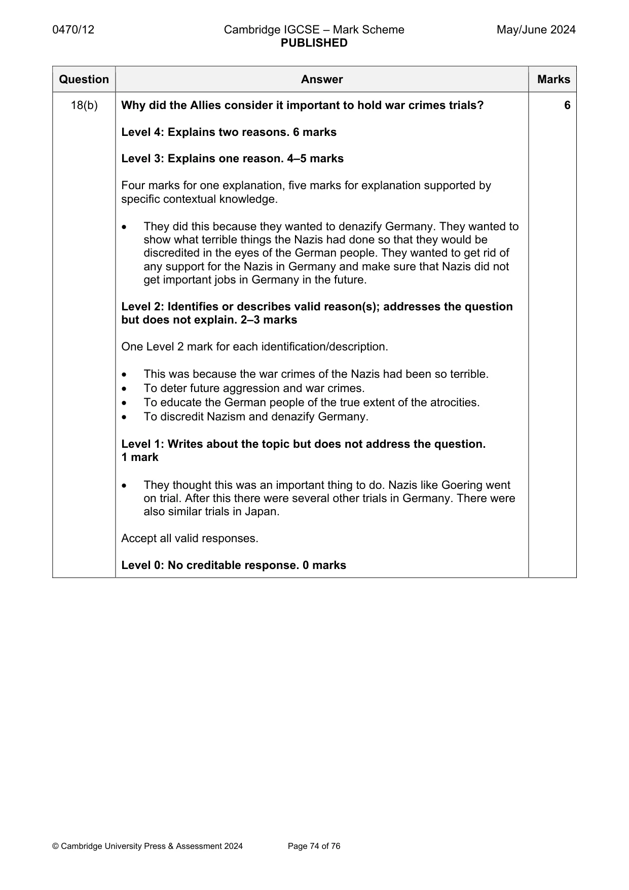 Mark scheme, page 74 of 76