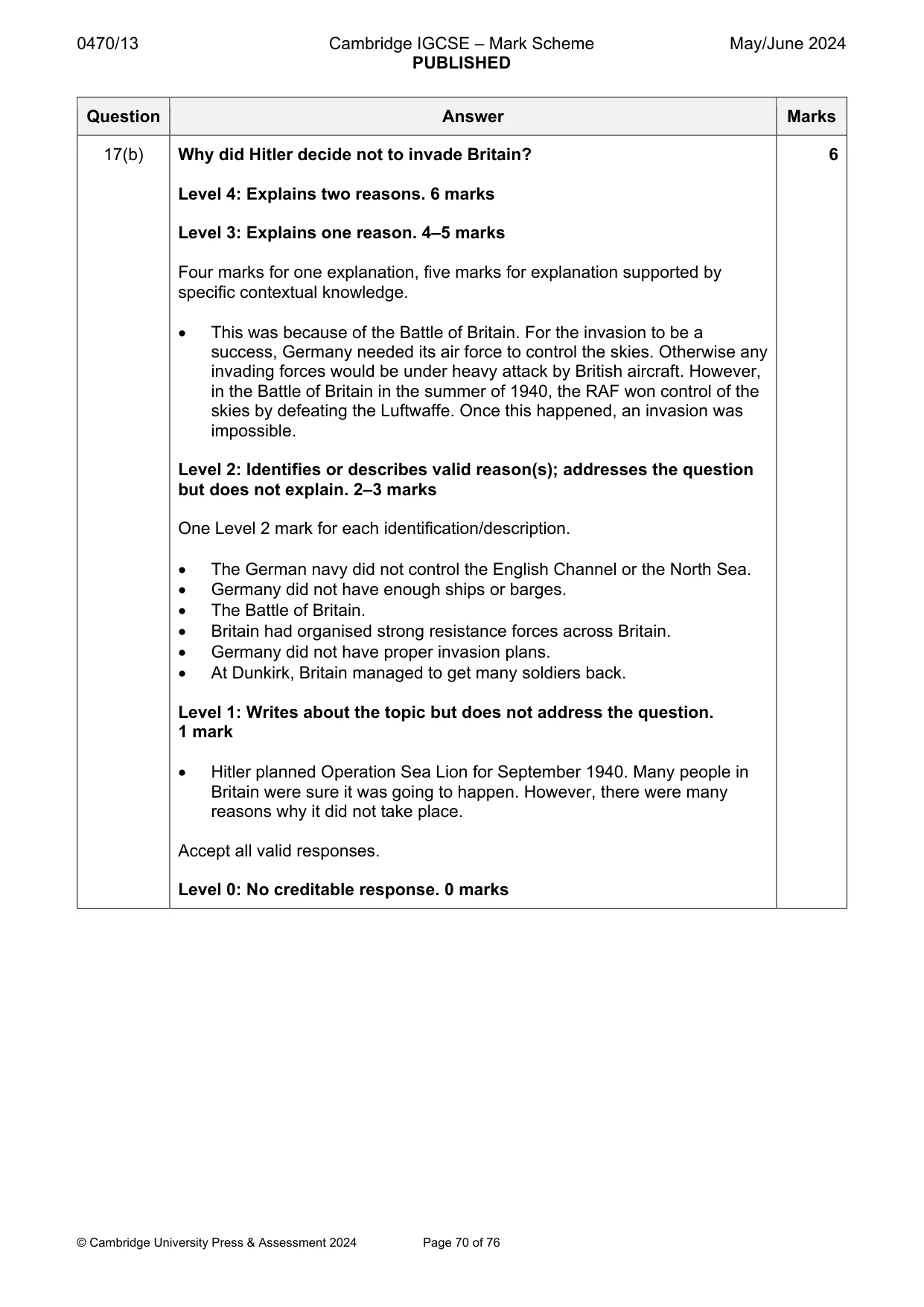 Mark scheme, page 70 of 76