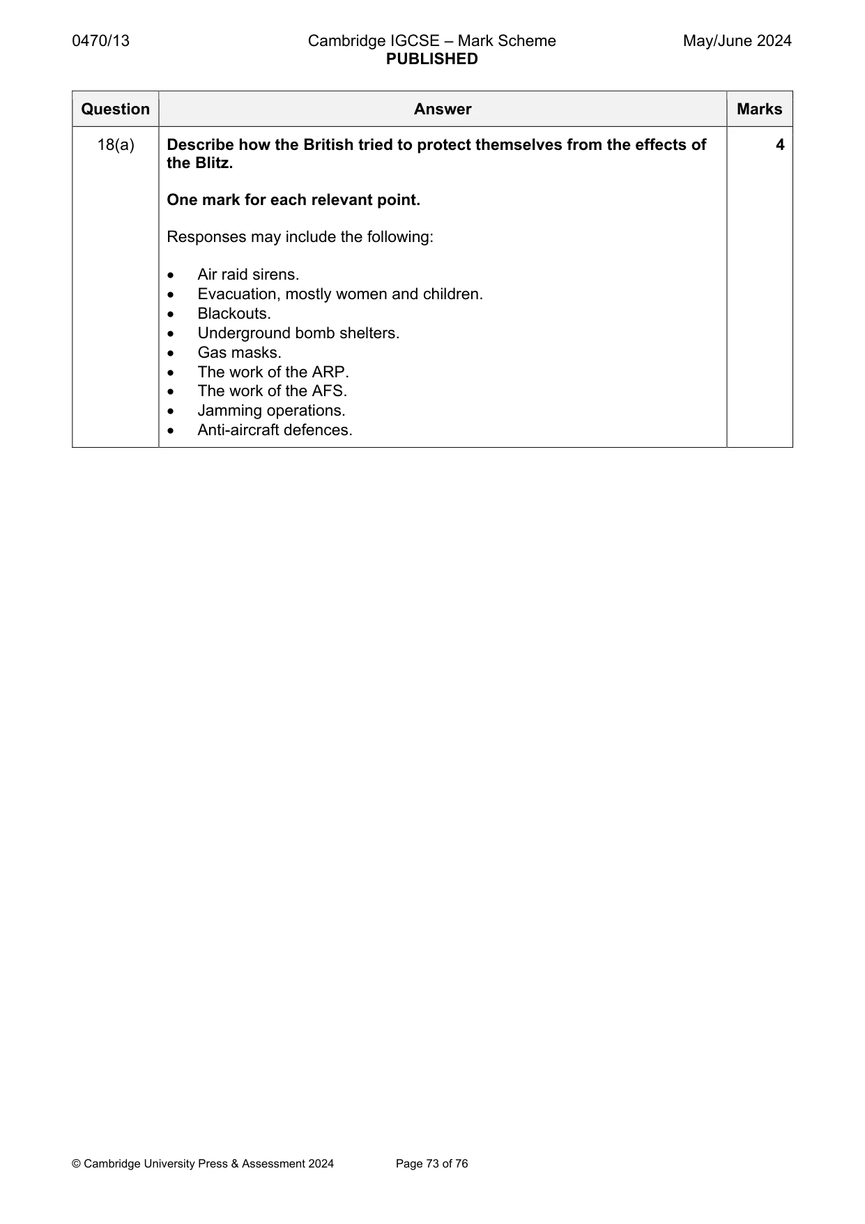 Mark scheme, page 73 of 76