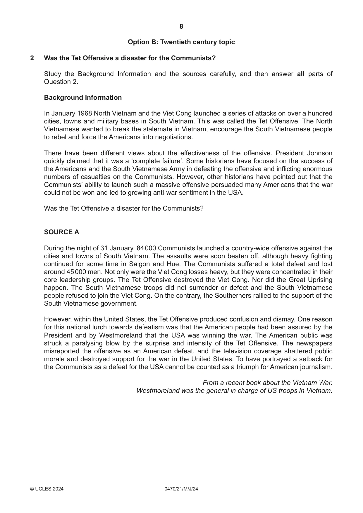 Cambridge IGCSE History 0470 2024 May/June Paper 2 · Variant 1 question paper, page 8 of 12
