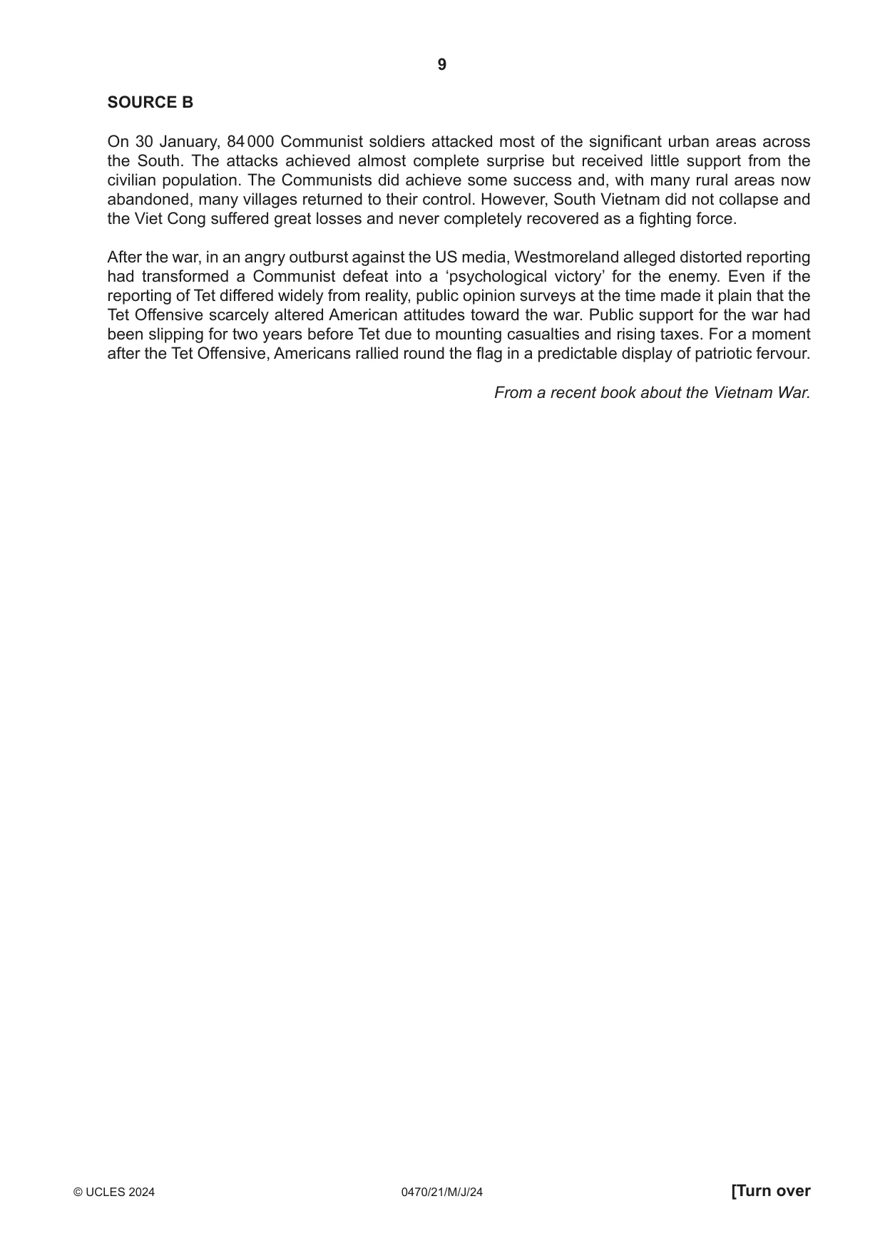 Cambridge IGCSE History 0470 2024 May/June Paper 2 · Variant 1 question paper, page 9 of 12