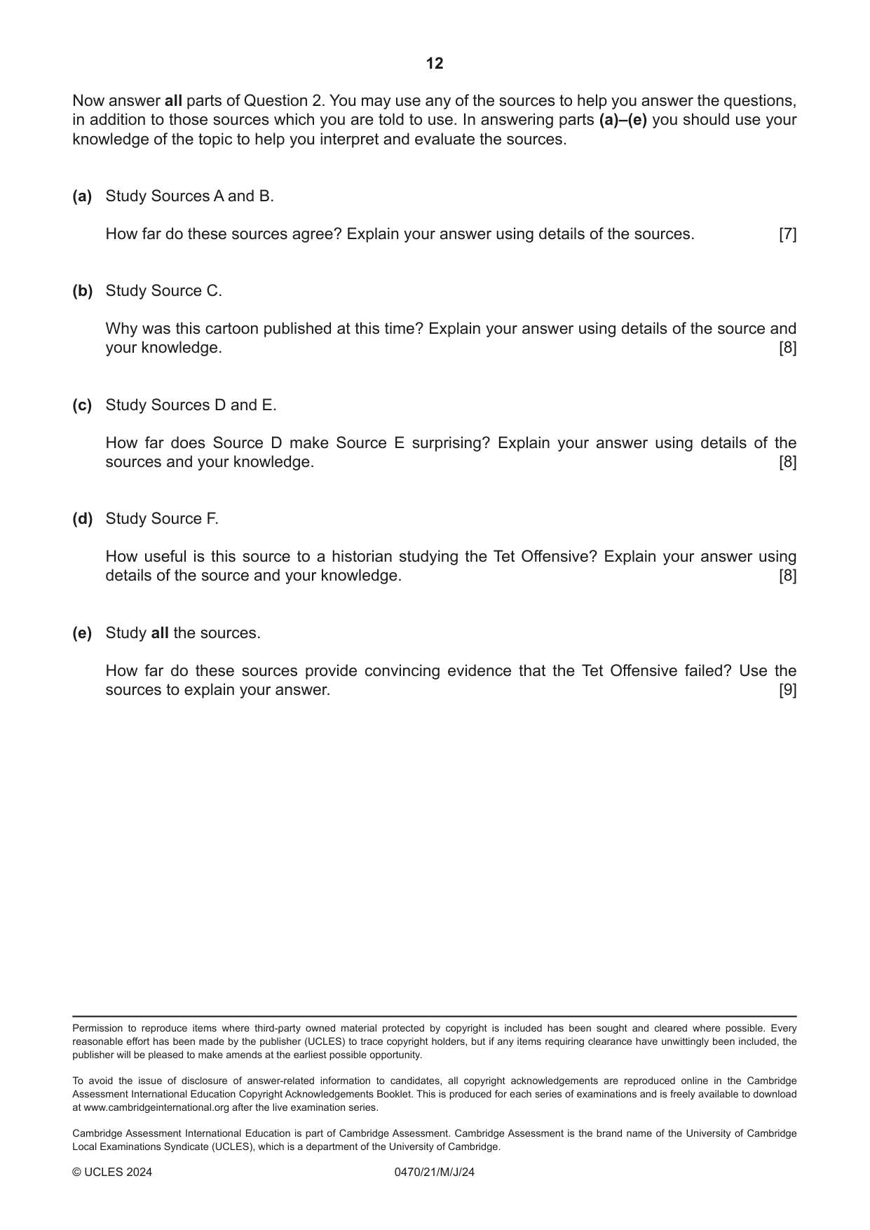 Cambridge IGCSE History 0470 2024 May/June Paper 2 · Variant 1 question paper, page 12 of 12