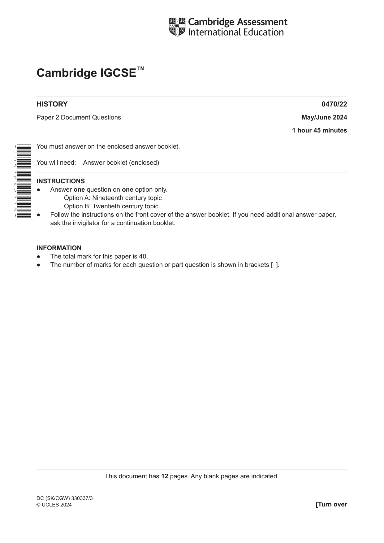 Cambridge IGCSE History 0470 2024 May/June Paper 2 · Variant 2 question paper, page 1 of 12