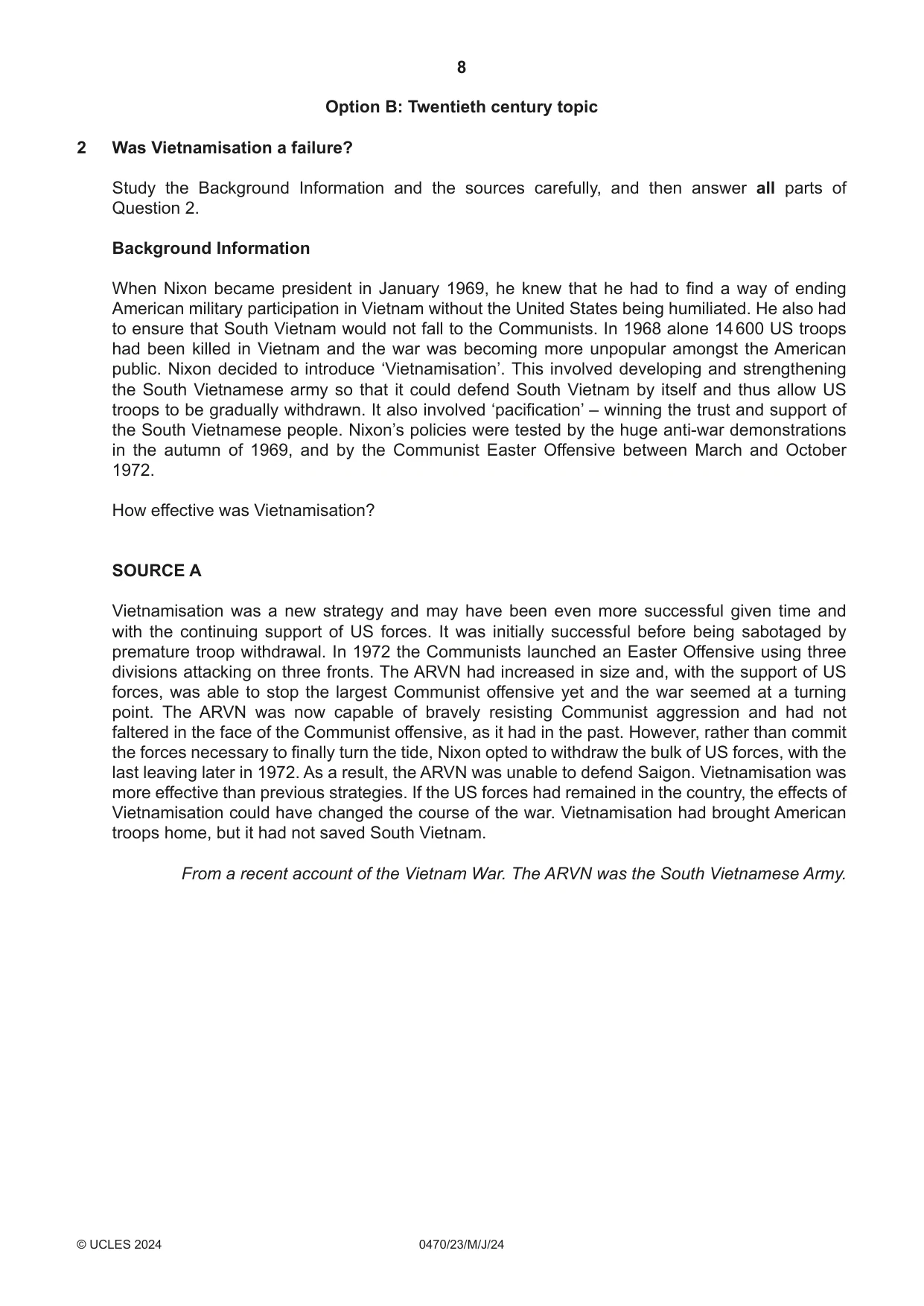 Cambridge IGCSE History 0470 2024 May/June Paper 2 · Variant 3 question paper, page 8 of 12