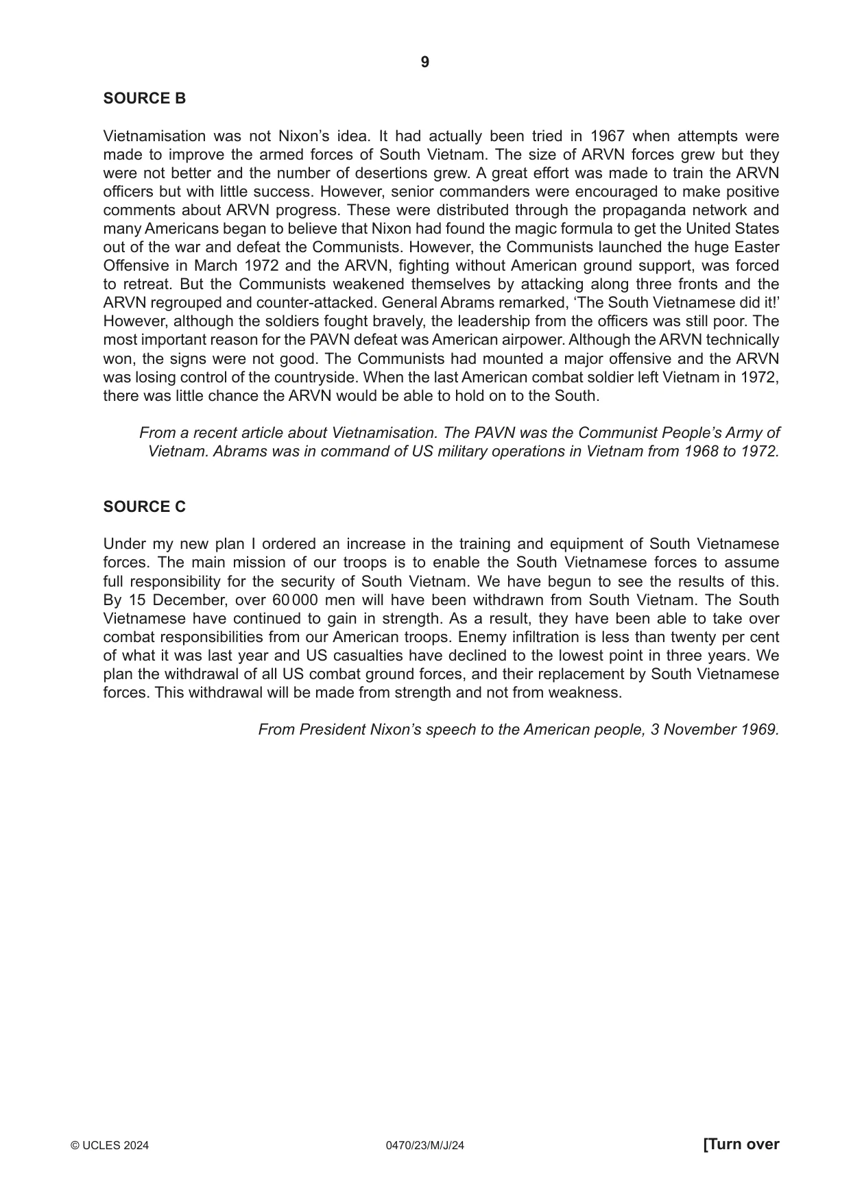 Cambridge IGCSE History 0470 2024 May/June Paper 2 · Variant 3 question paper, page 9 of 12