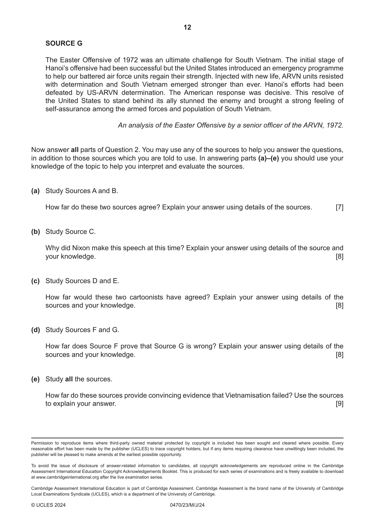 Cambridge IGCSE History 0470 2024 May/June Paper 2 · Variant 3 question paper, page 12 of 12