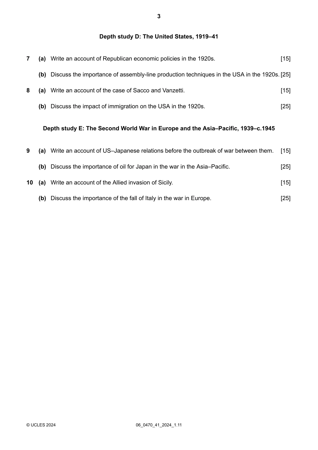 Cambridge IGCSE History 0470 2024 May/June Paper 4 · Variant 1 question paper, page 3 of 4