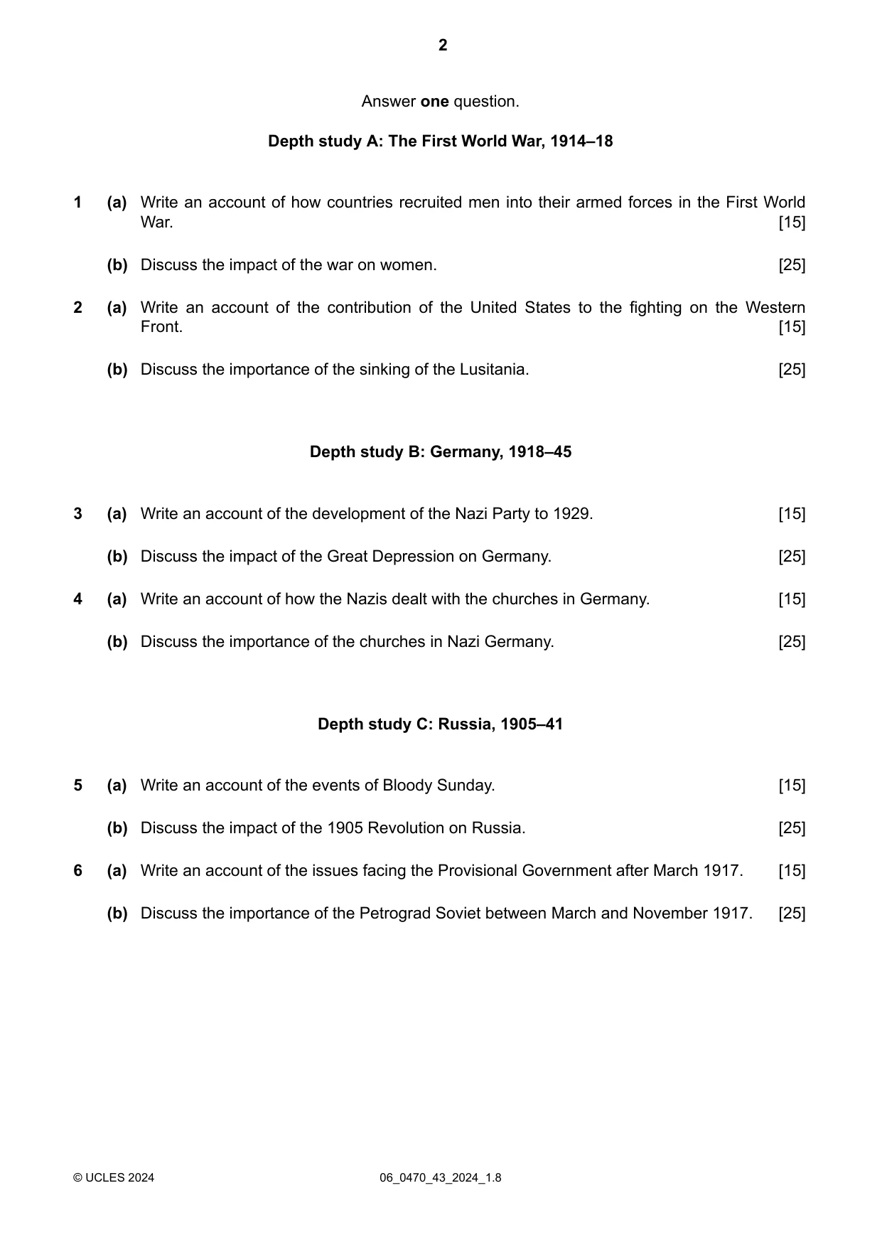 Cambridge IGCSE History 0470 2024 May/June Paper 4 · Variant 3 question paper, page 2 of 4