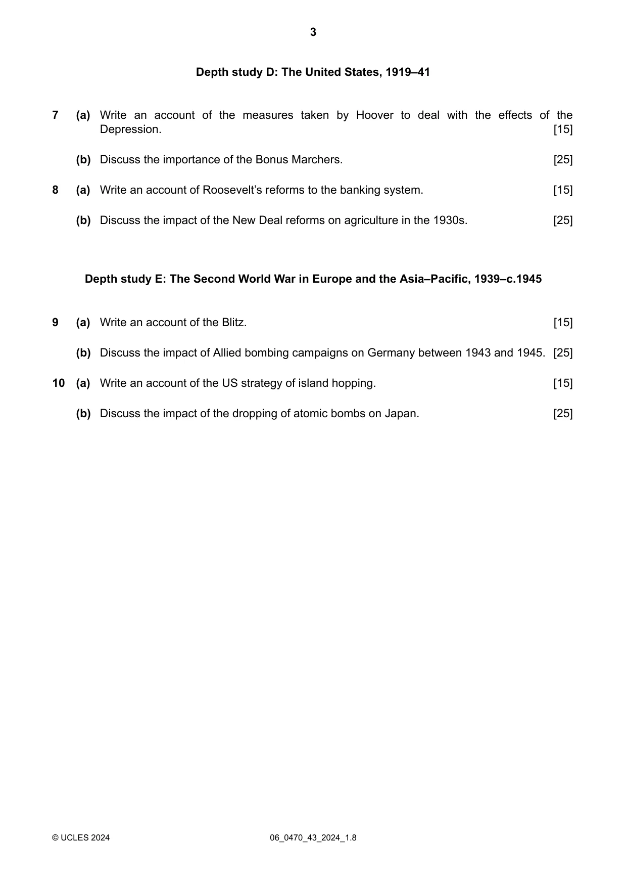 Cambridge IGCSE History 0470 2024 May/June Paper 4 · Variant 3 question paper, page 3 of 4