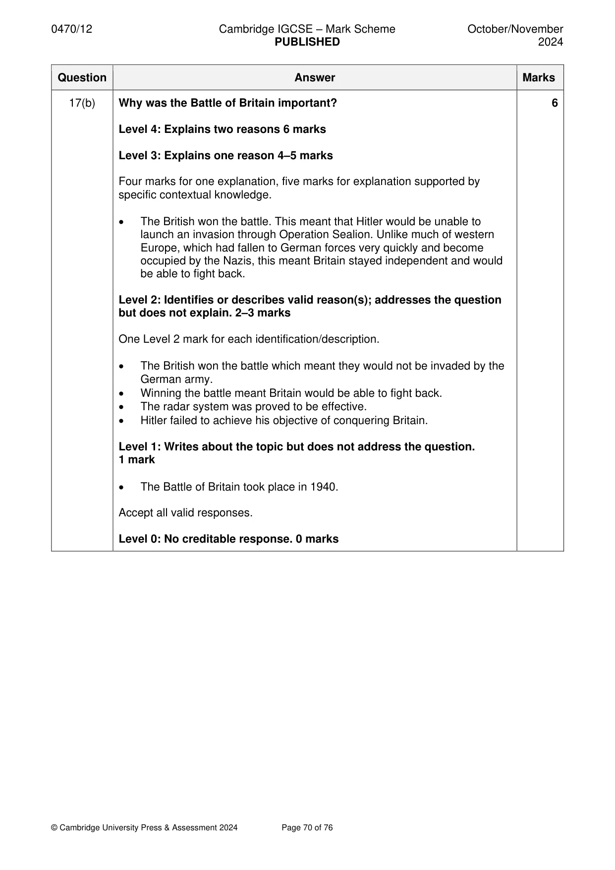 Mark scheme, page 70 of 76