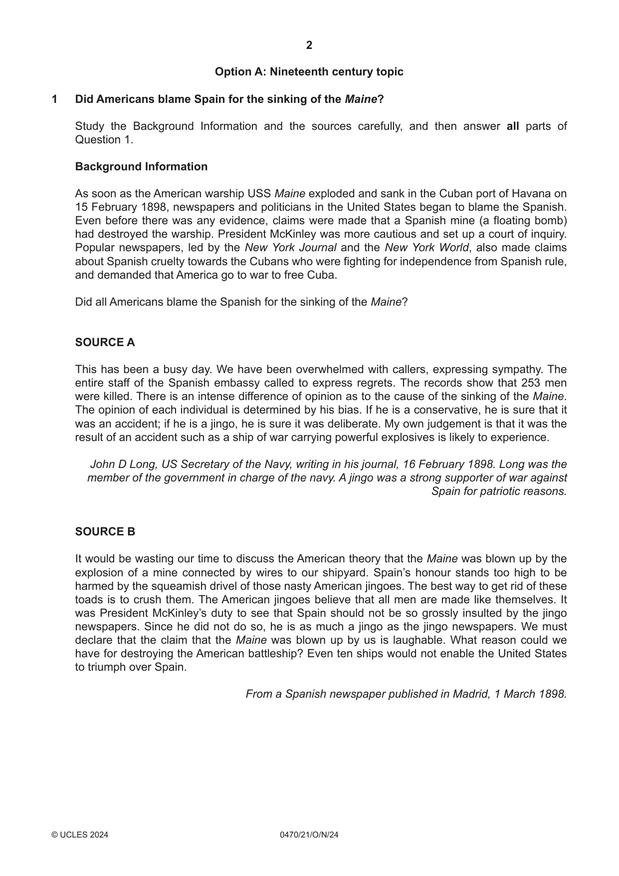 Cambridge IGCSE History 0470 2024 Oct/Nov Paper 2 · Variant 1 question paper, page 2 of 16