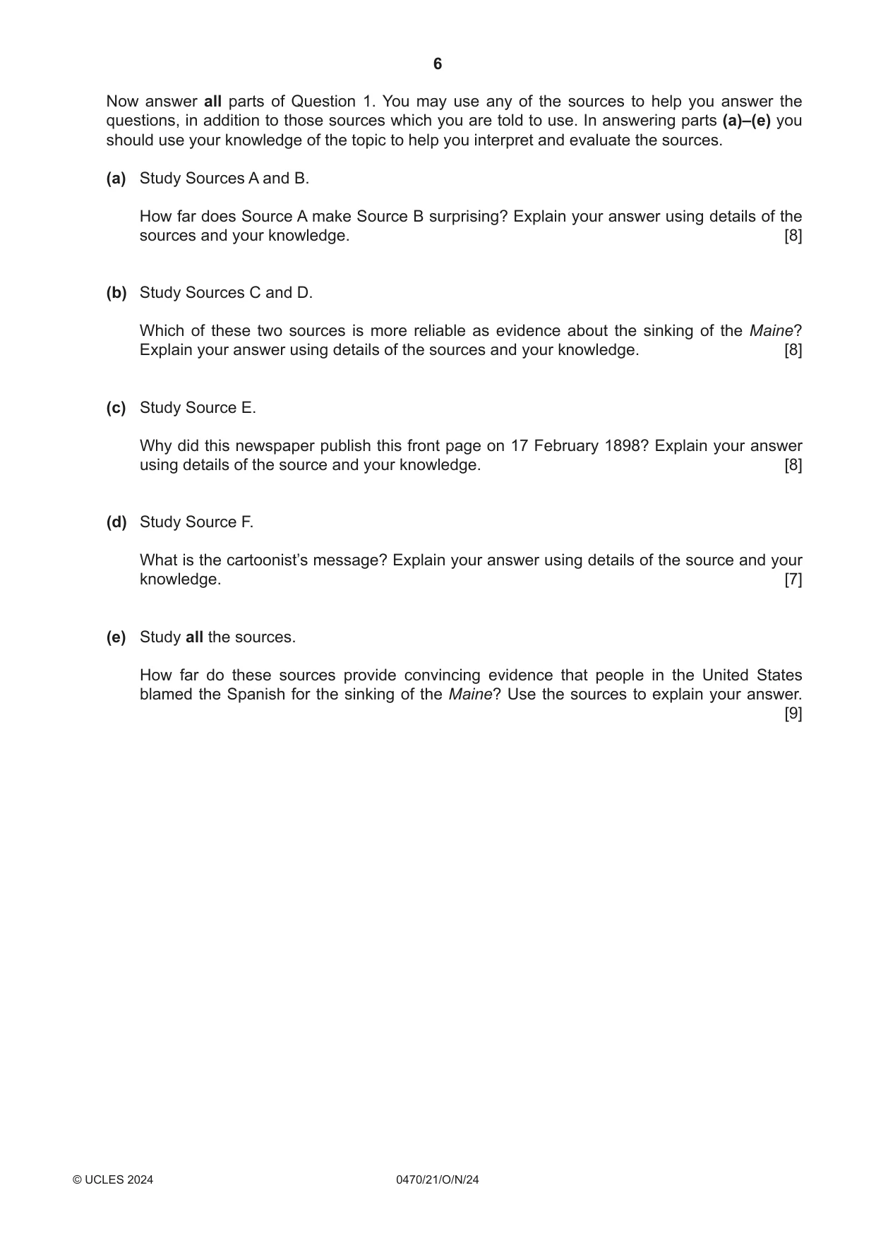 Cambridge IGCSE History 0470 2024 Oct/Nov Paper 2 · Variant 1 question paper, page 6 of 16