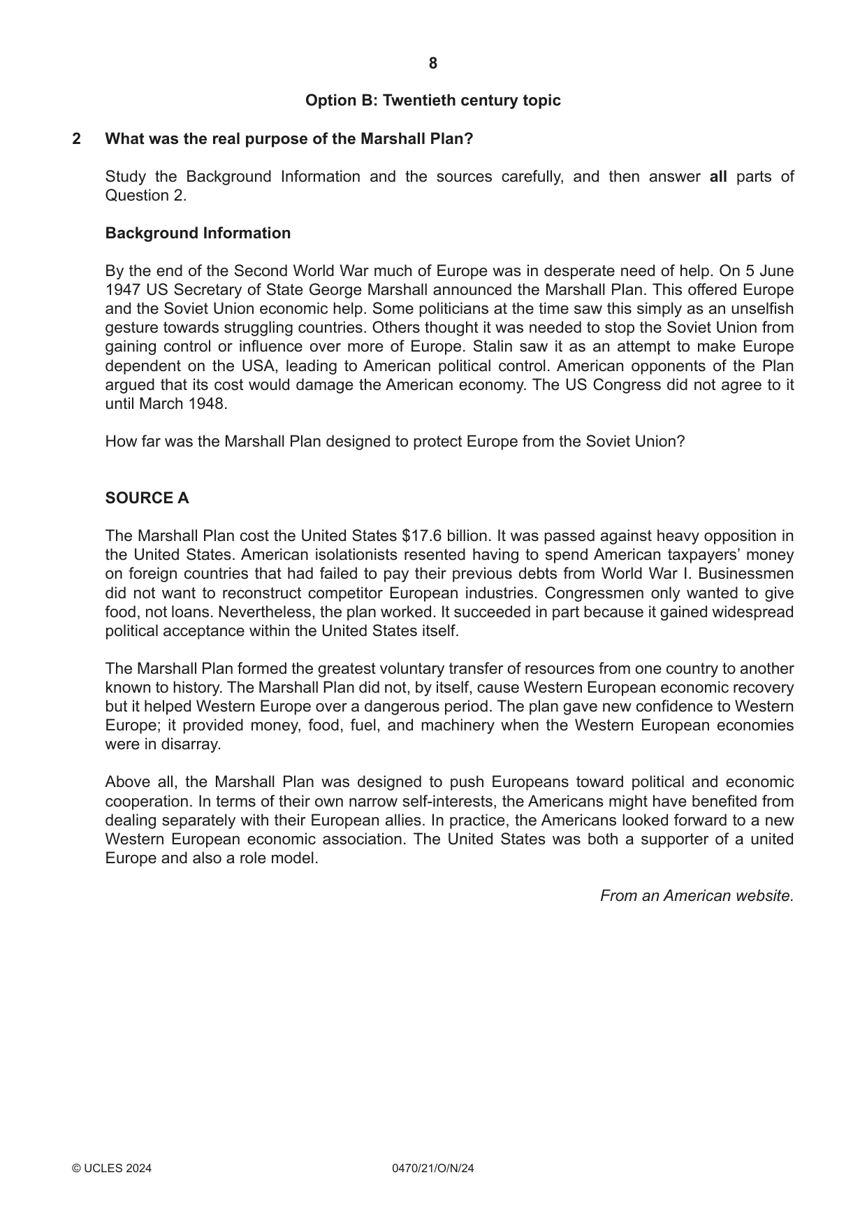 Cambridge IGCSE History 0470 2024 Oct/Nov Paper 2 · Variant 1 question paper, page 8 of 16