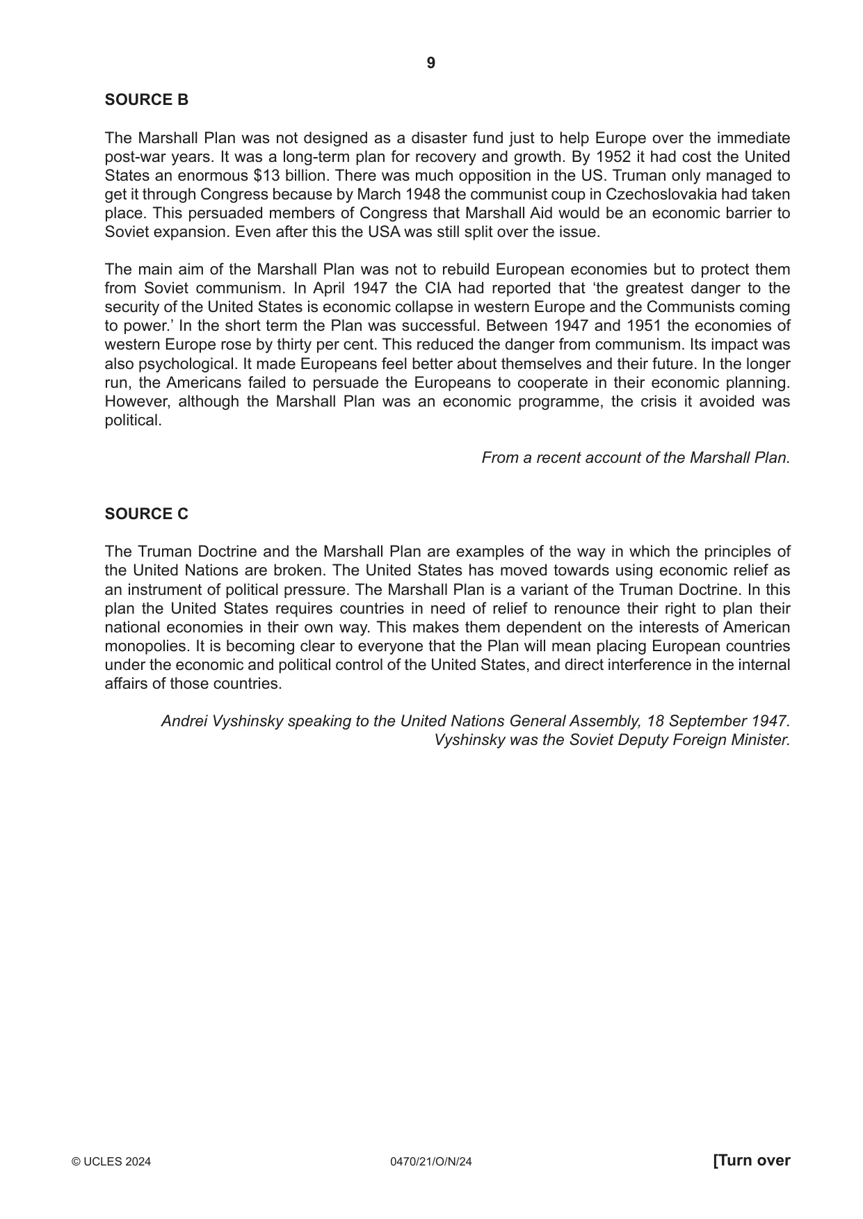 Cambridge IGCSE History 0470 2024 Oct/Nov Paper 2 · Variant 1 question paper, page 9 of 16