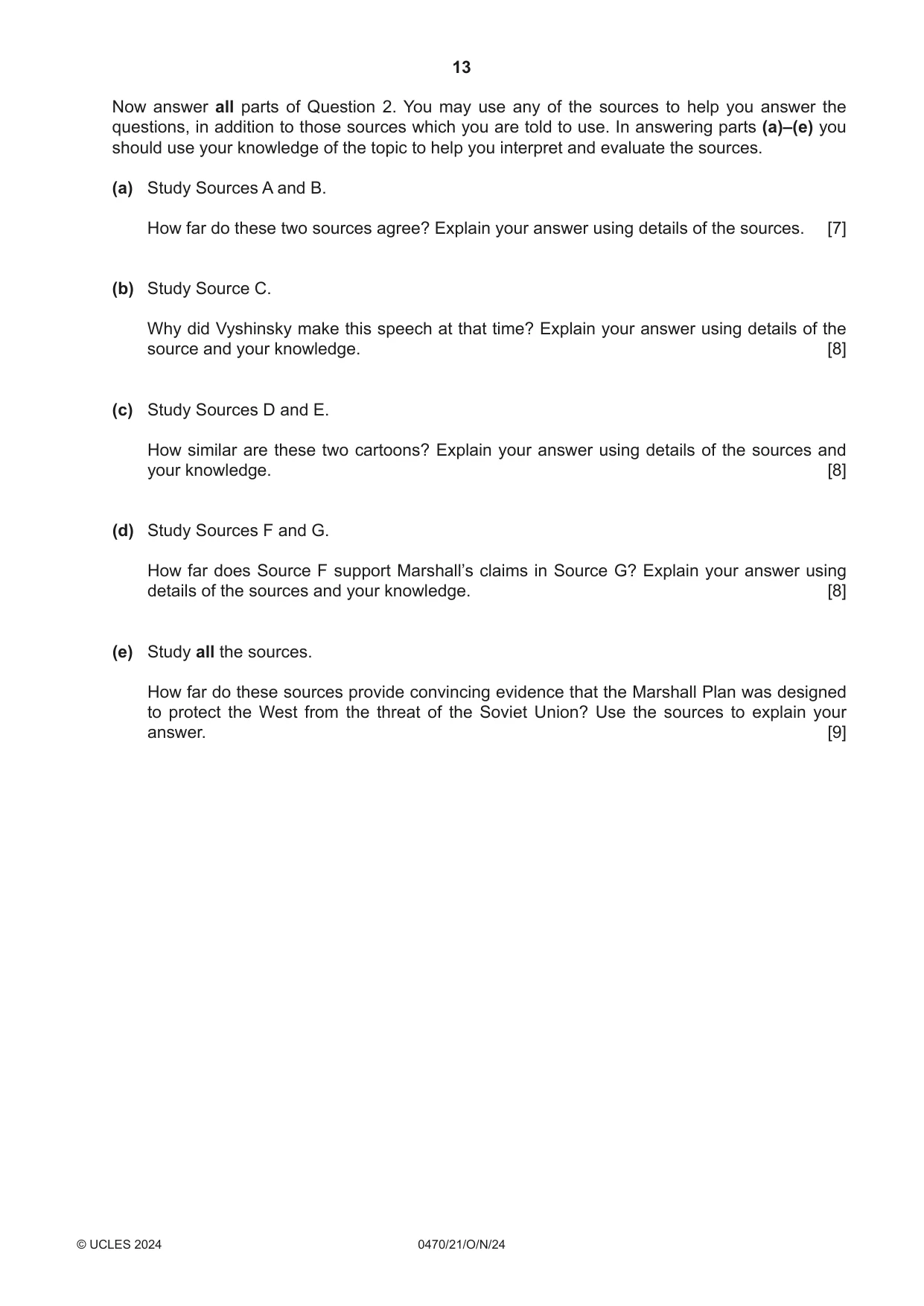 Cambridge IGCSE History 0470 2024 Oct/Nov Paper 2 · Variant 1 question paper, page 13 of 16