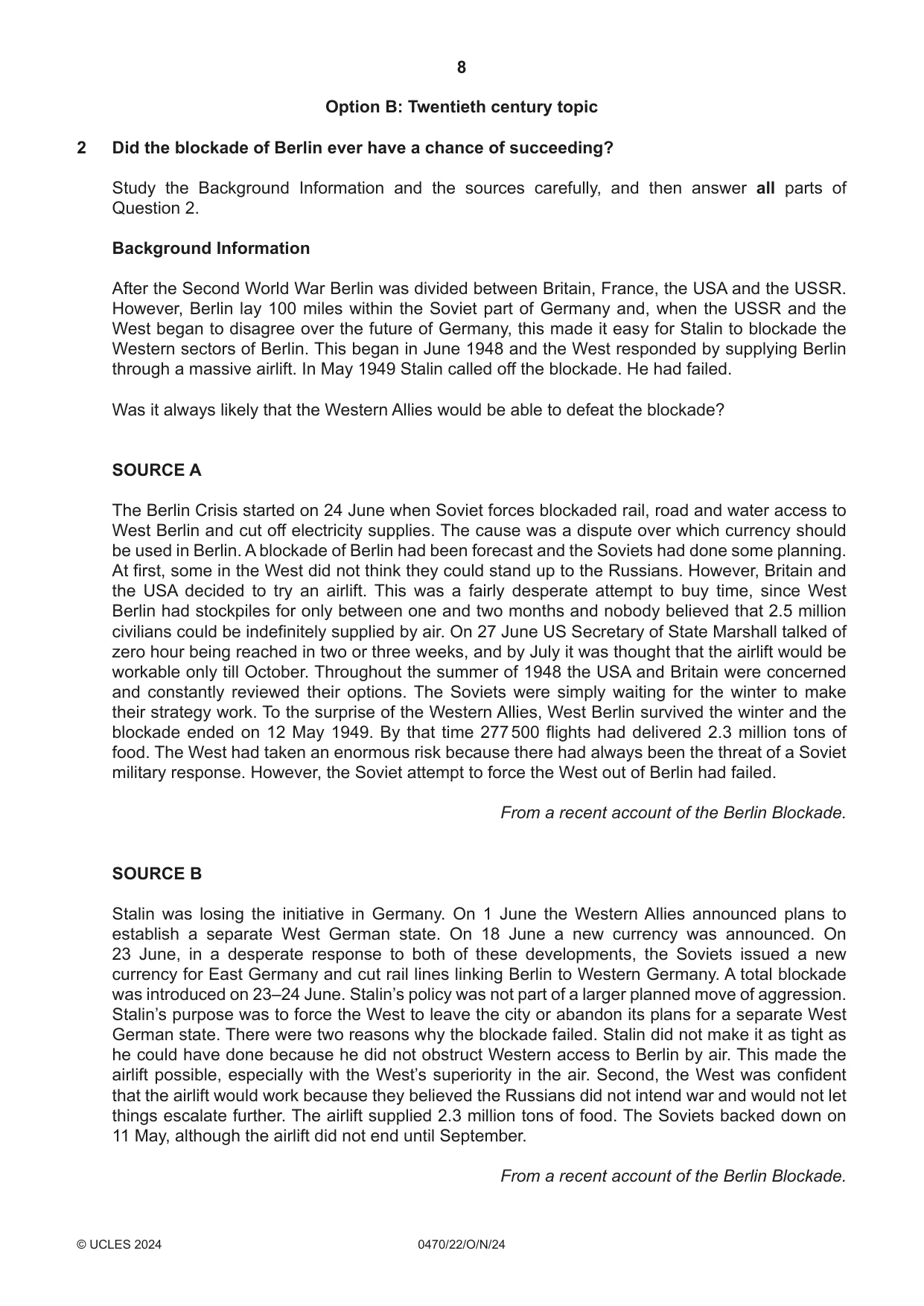 Cambridge IGCSE History 0470 2024 Oct/Nov Paper 2 · Variant 2 question paper, page 8 of 16