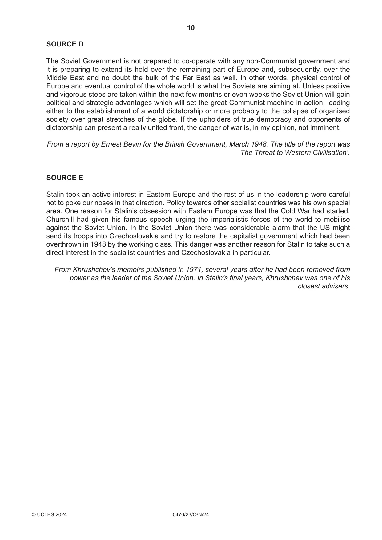 Cambridge IGCSE History 0470 2024 Oct/Nov Paper 2 · Variant 3 question paper, page 10 of 12
