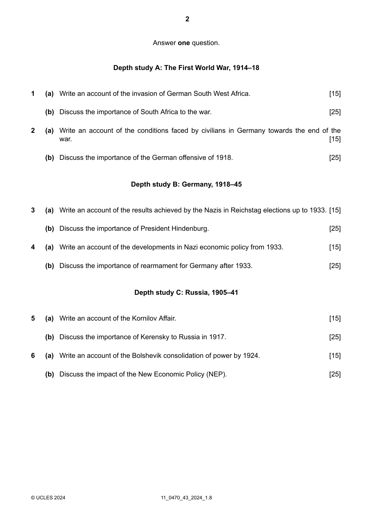 Cambridge IGCSE History 0470 2024 Oct/Nov Paper 4 · Variant 3 question paper, page 2 of 4