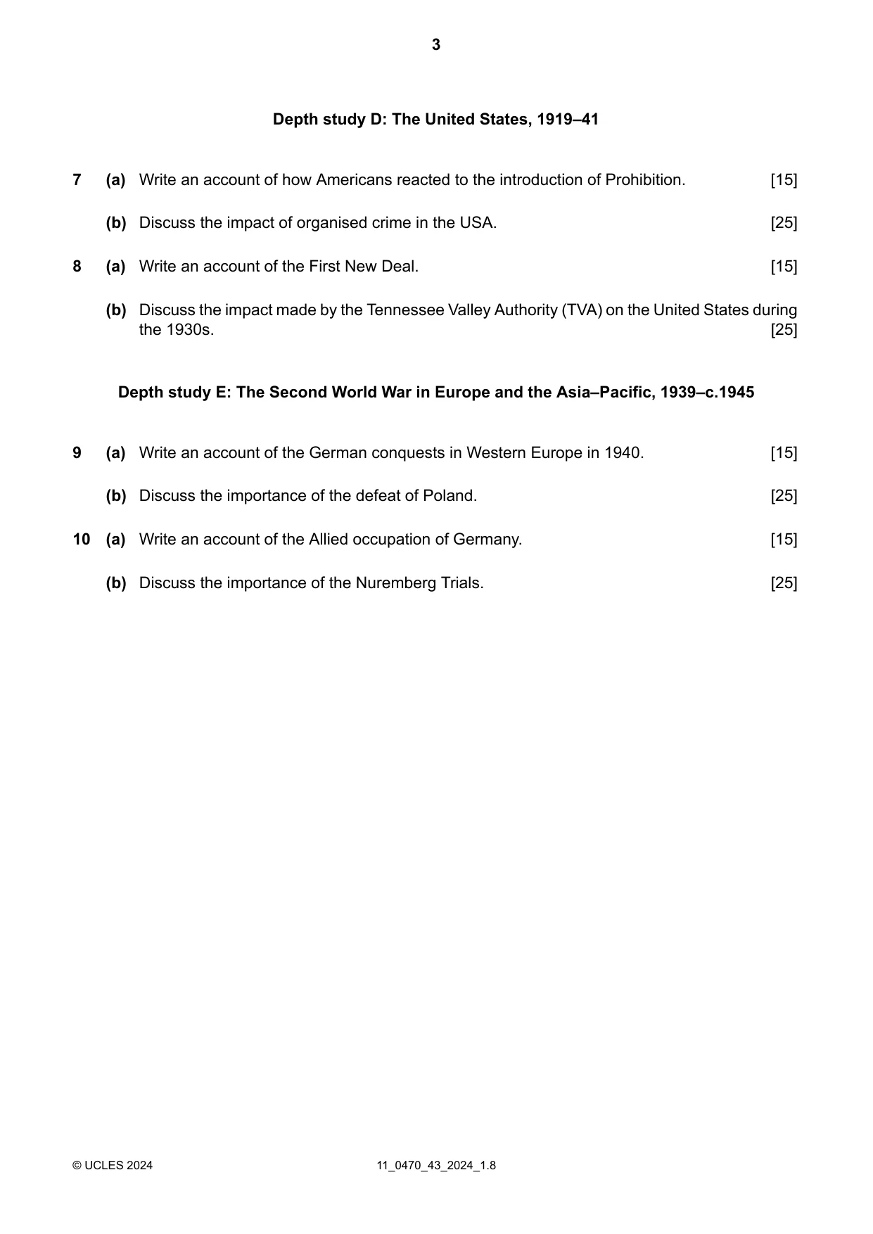 Cambridge IGCSE History 0470 2024 Oct/Nov Paper 4 · Variant 3 question paper, page 3 of 4
