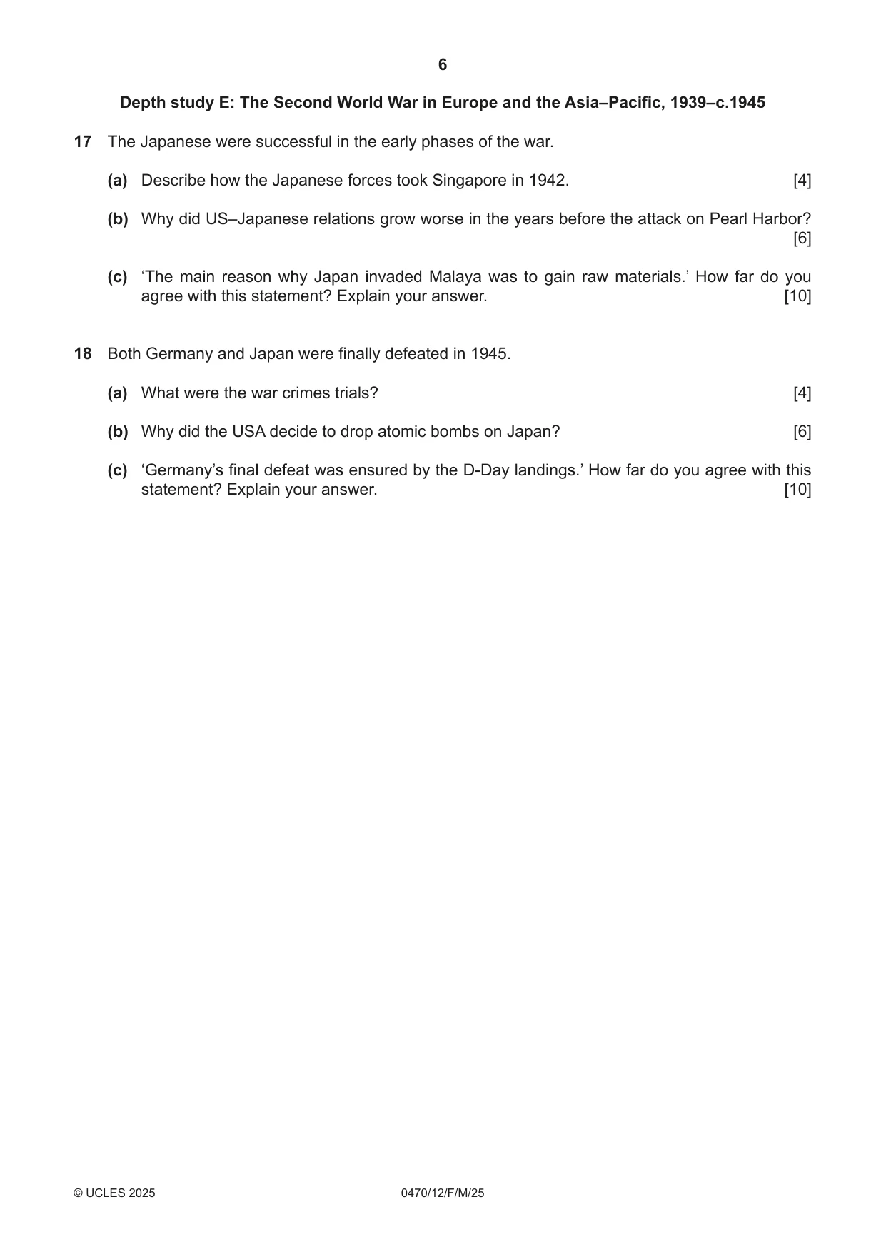 Cambridge IGCSE History 0470 2025 Feb/March Paper 1 · Variant 2 question paper, page 6 of 8