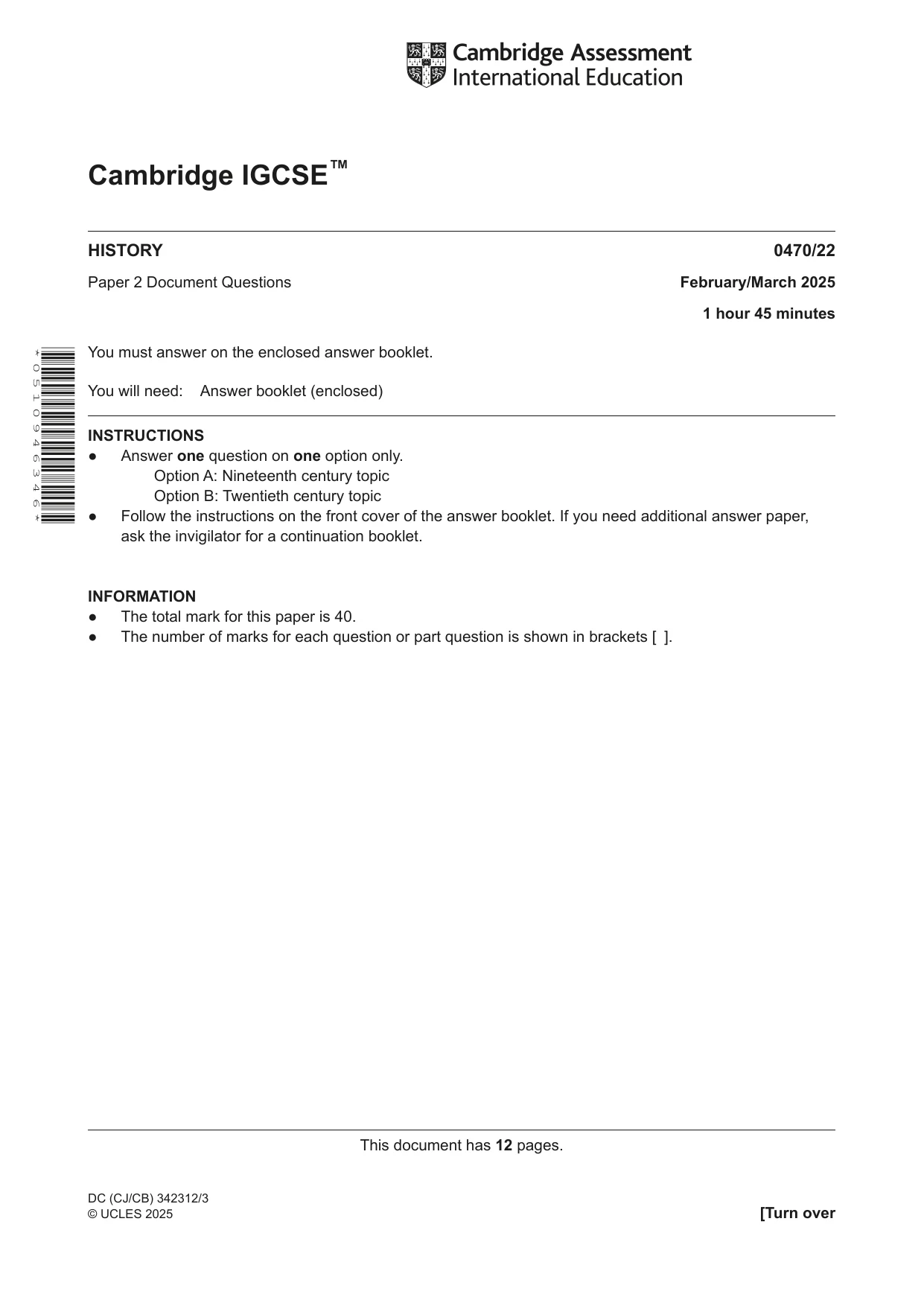 Cambridge IGCSE History 0470 2025 Feb/March Paper 2 · Variant 2 question paper, page 1 of 12