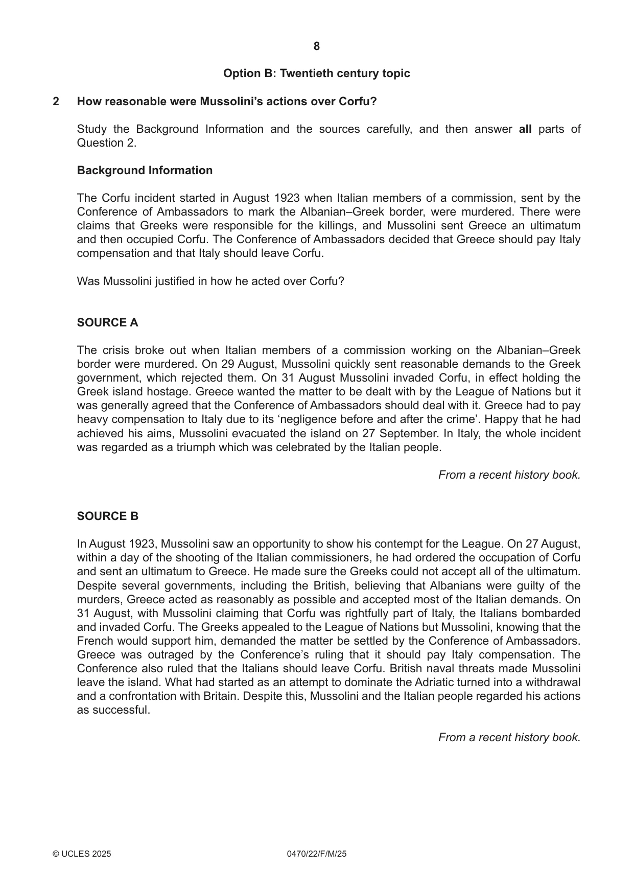 Cambridge IGCSE History 0470 2025 Feb/March Paper 2 · Variant 2 question paper, page 8 of 12