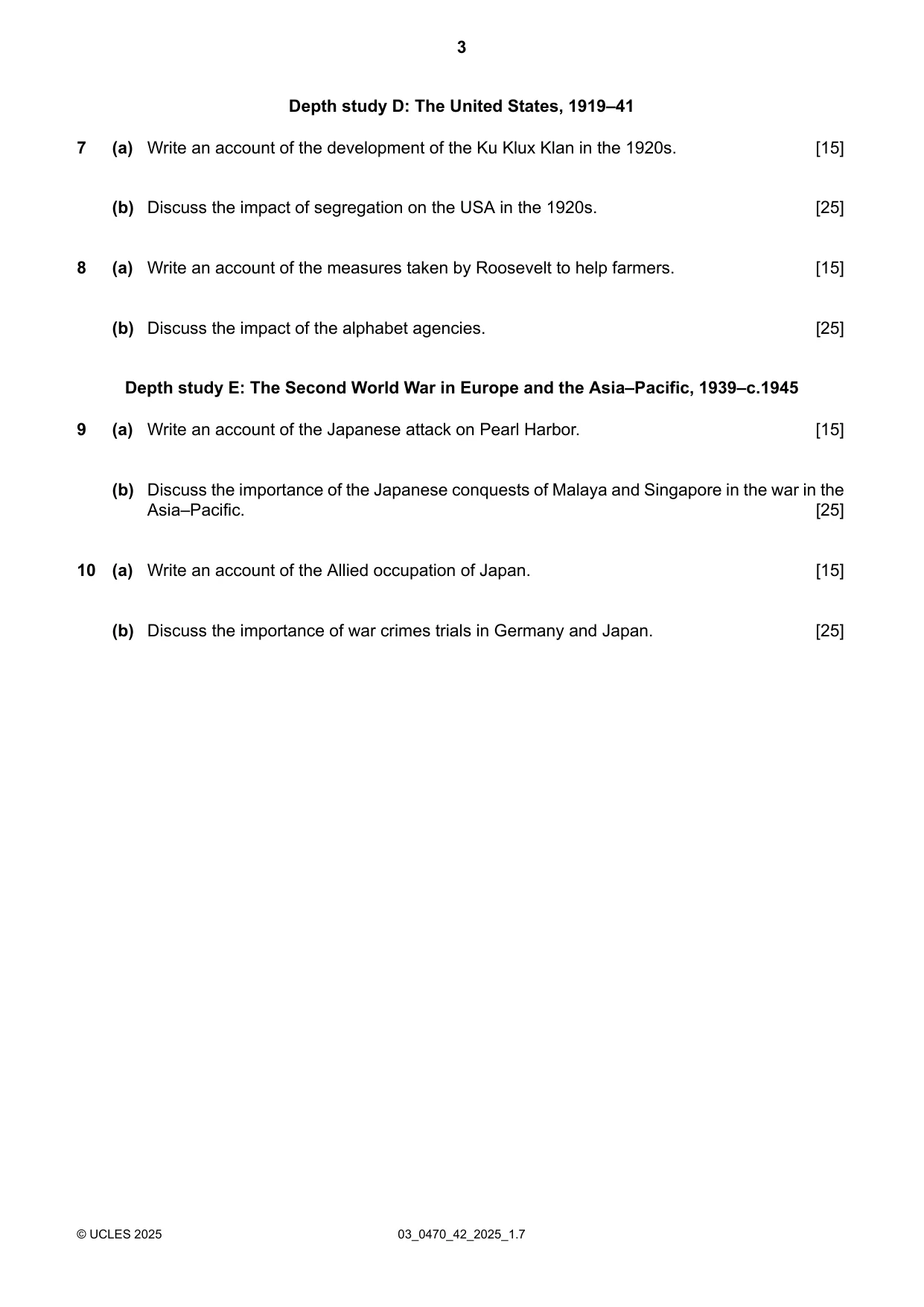 Cambridge IGCSE History 0470 2025 Feb/March Paper 4 · Variant 2 question paper, page 3 of 4