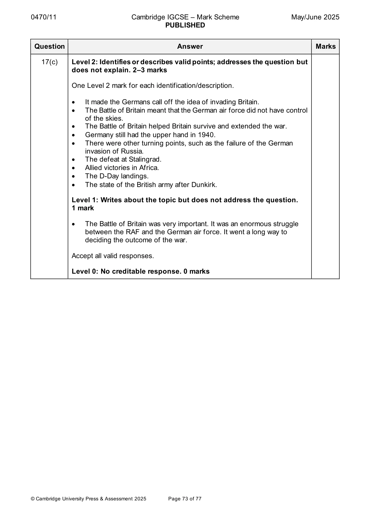 Mark scheme, page 73 of 77
