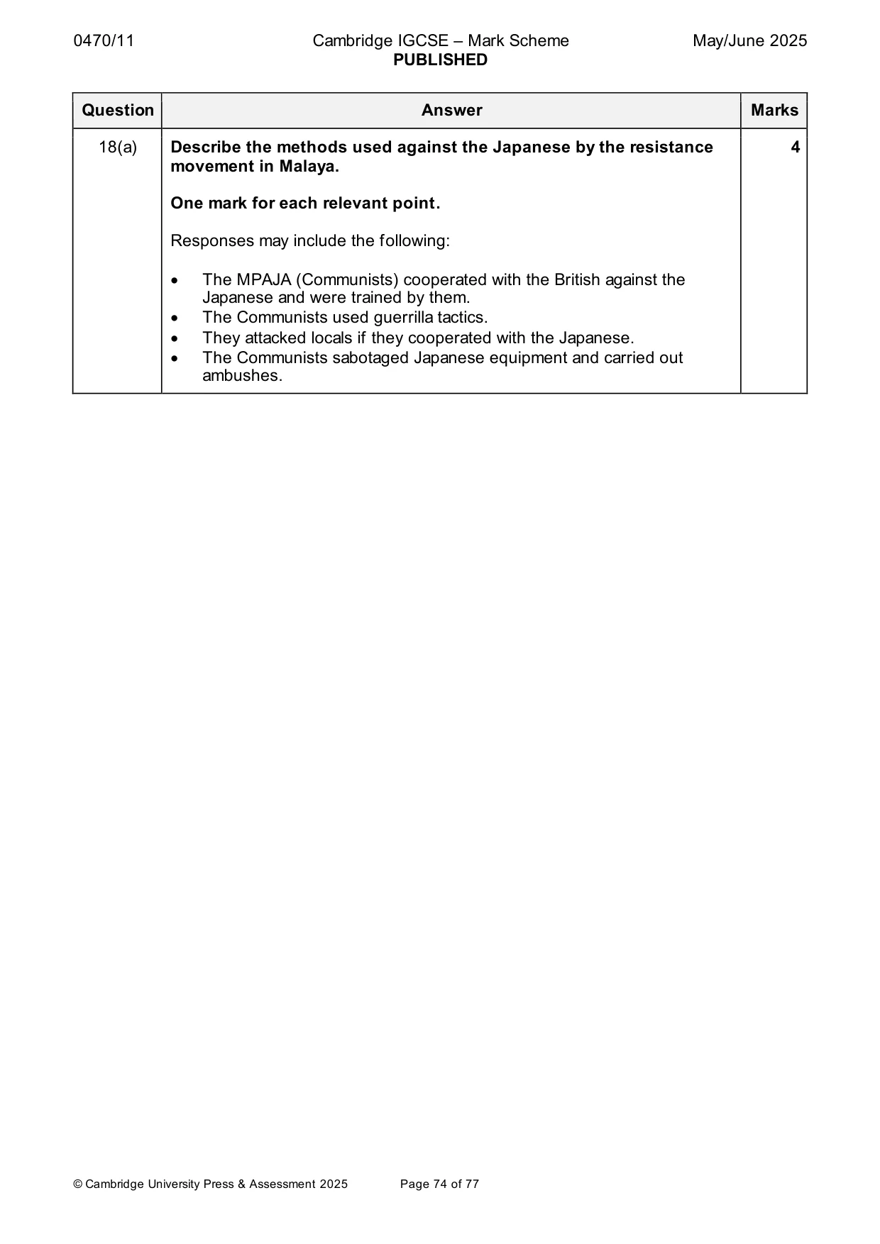 Mark scheme, page 74 of 77