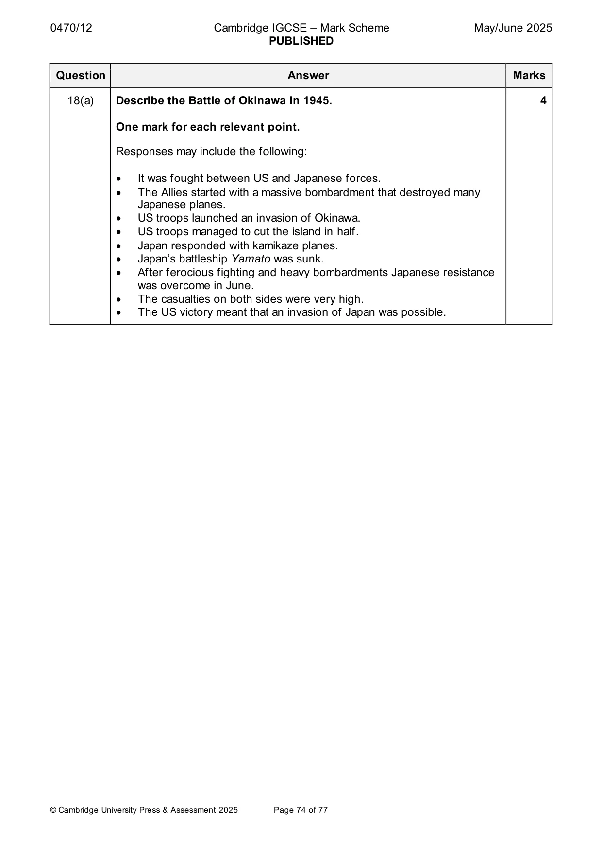 Mark scheme, page 74 of 77