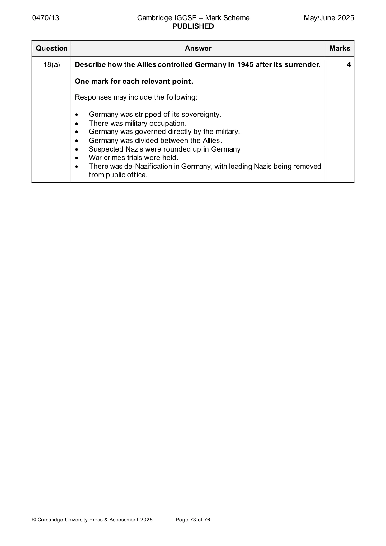 Mark scheme, page 73 of 76