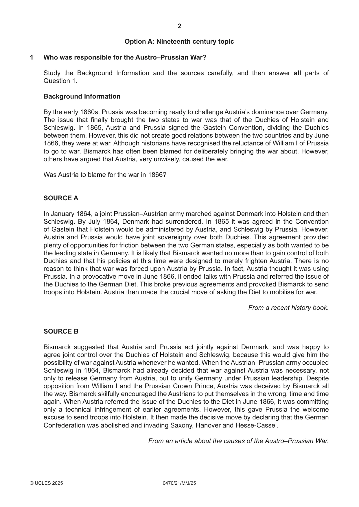 Cambridge IGCSE History 0470 2025 May/June Paper 2 · Variant 1 question paper, page 2 of 12