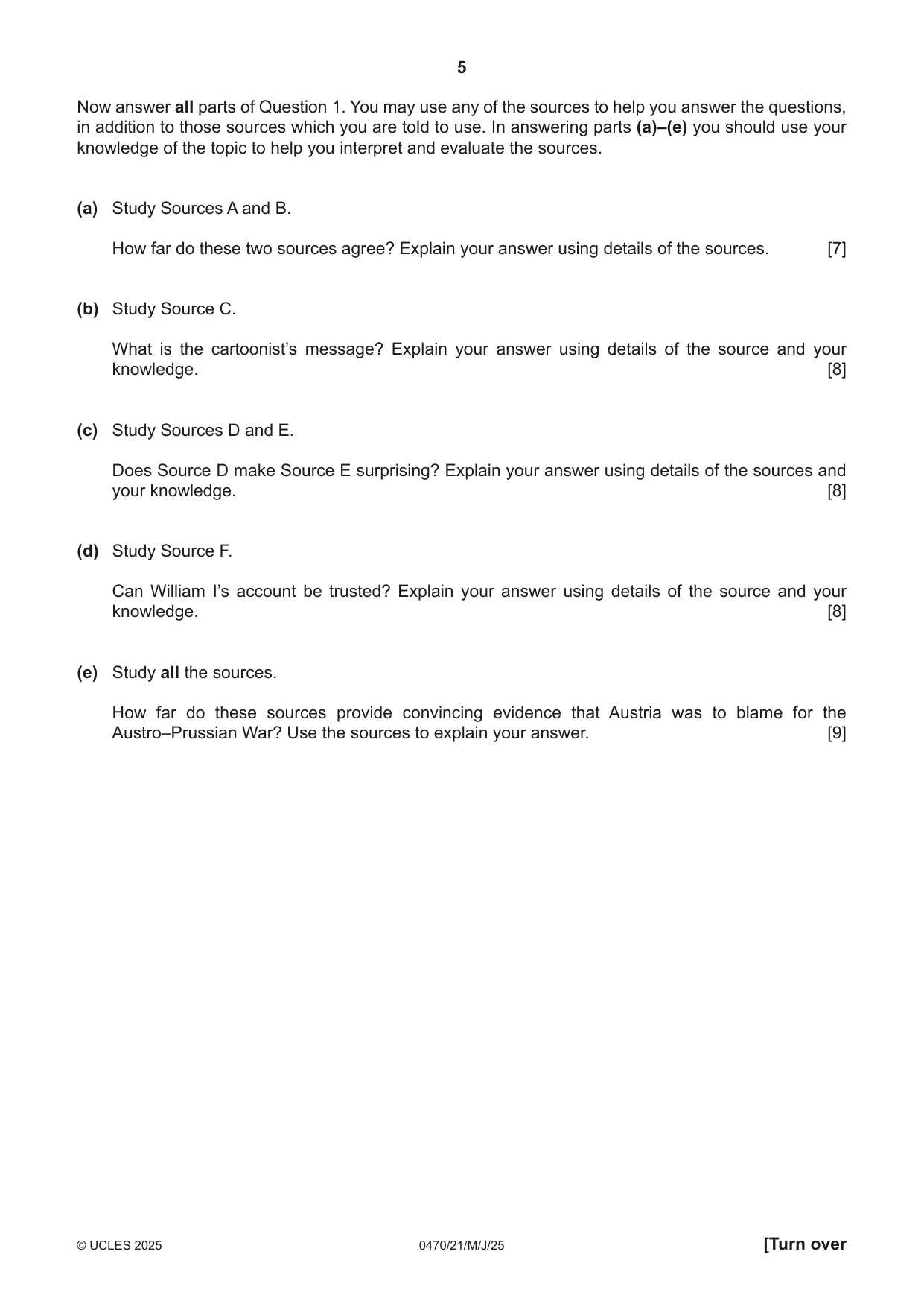 Cambridge IGCSE History 0470 2025 May/June Paper 2 · Variant 1 question paper, page 5 of 12