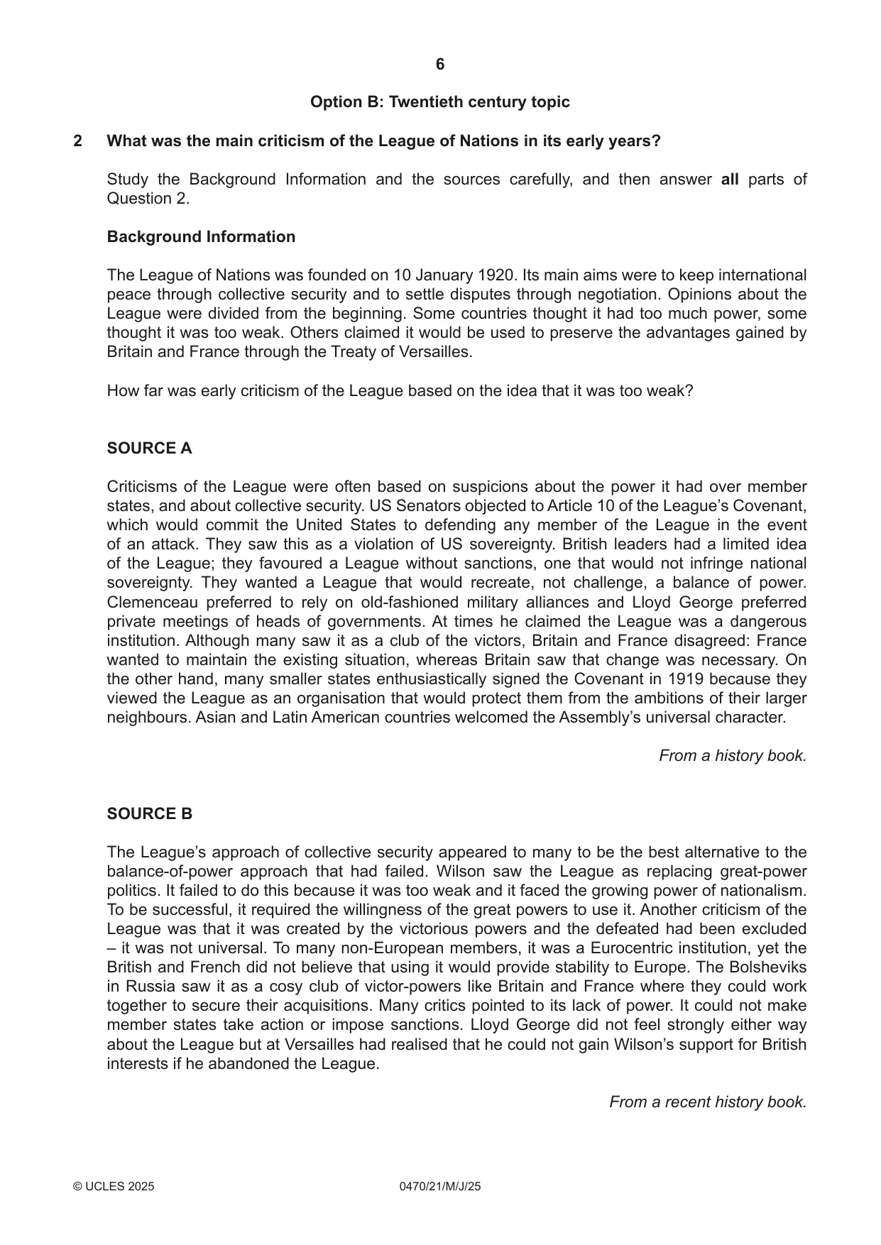 Cambridge IGCSE History 0470 2025 May/June Paper 2 · Variant 1 question paper, page 6 of 12
