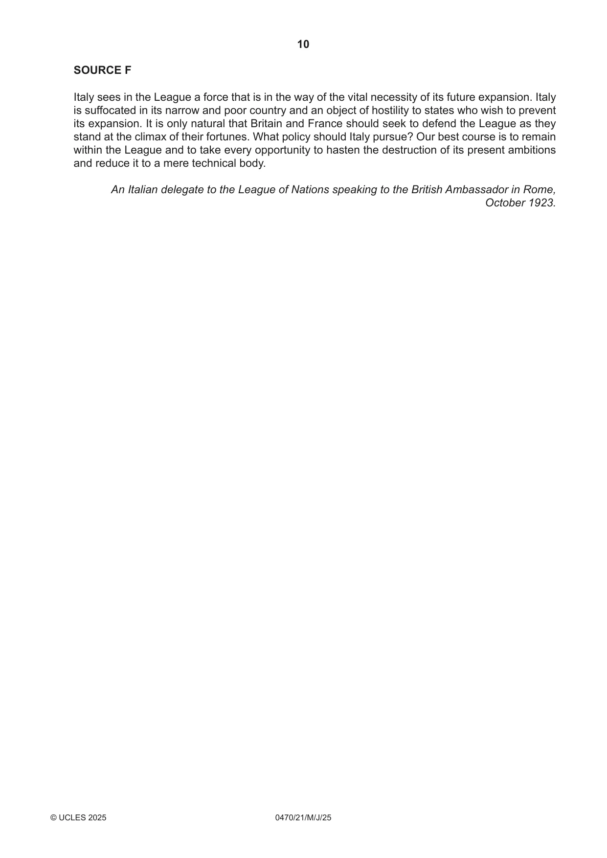 Cambridge IGCSE History 0470 2025 May/June Paper 2 · Variant 1 question paper, page 10 of 12