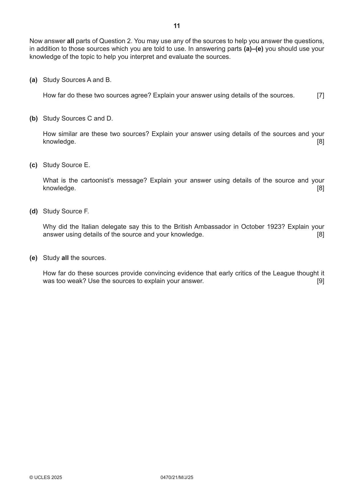 Cambridge IGCSE History 0470 2025 May/June Paper 2 · Variant 1 question paper, page 11 of 12