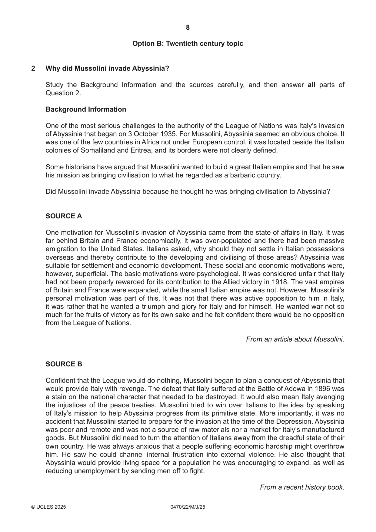 Cambridge IGCSE History 0470 2025 May/June Paper 2 · Variant 2 question paper, page 8 of 12